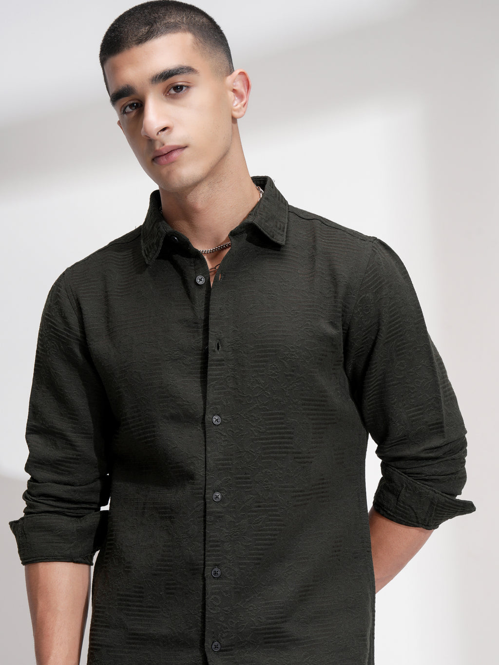 Highlander Men Olive Self Design Slim Fit Casual Shirt - Olive - Image 1