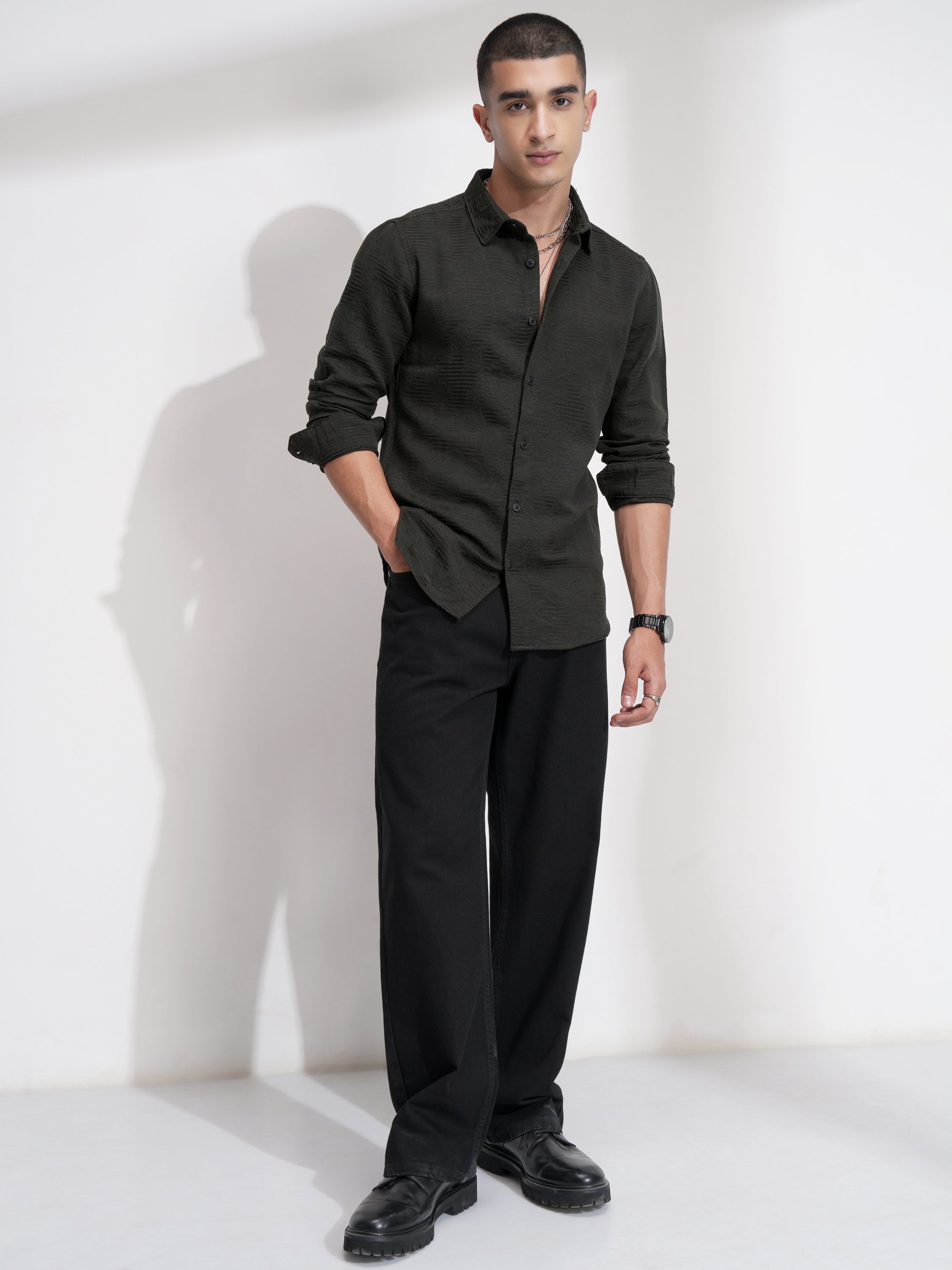 Highlander Men Olive Self Design Slim Fit Casual Shirt - Olive - Image 2