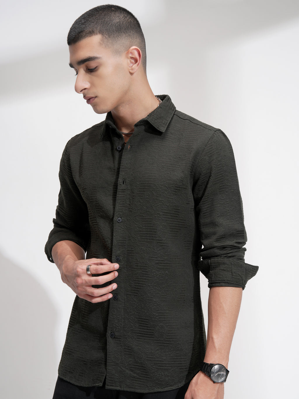 Highlander Men Olive Self Design Slim Fit Casual Shirt - Olive - Image 4