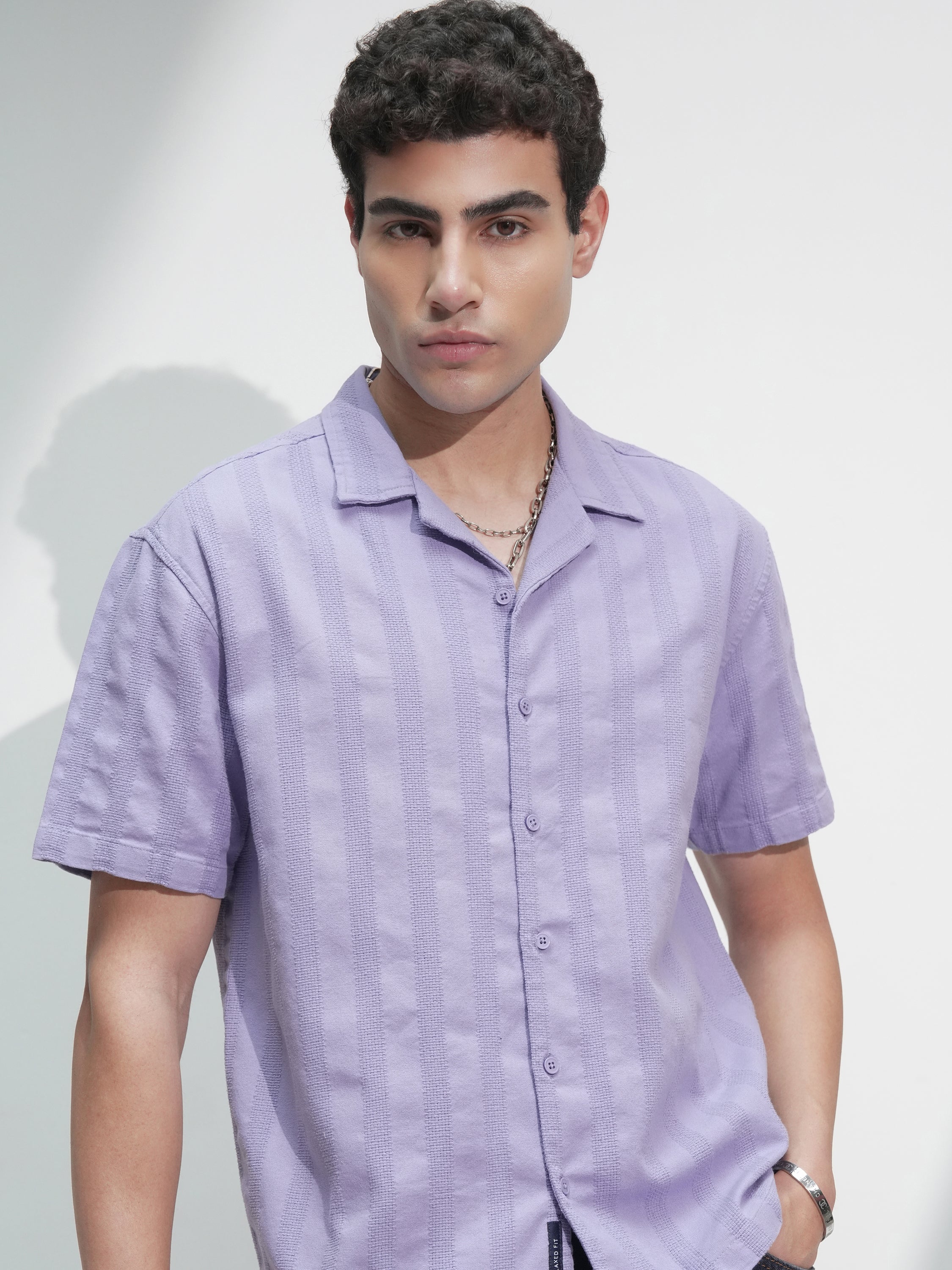Highlander Men Lavender Self Design Relaxed Fit Casual Shirt - Lavender - Image 1