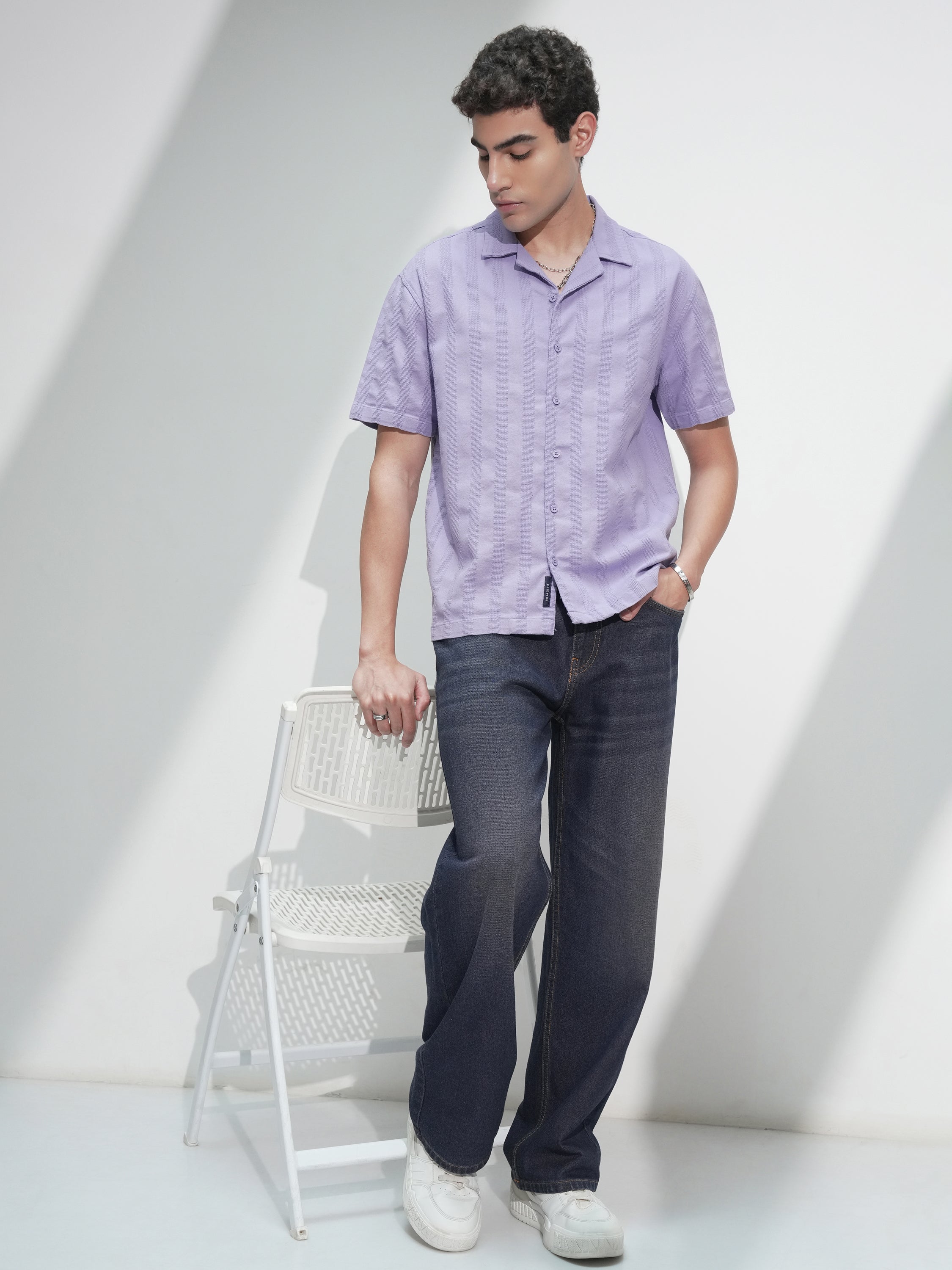 Highlander Men Lavender Self Design Relaxed Fit Casual Shirt - Lavender - Image 2