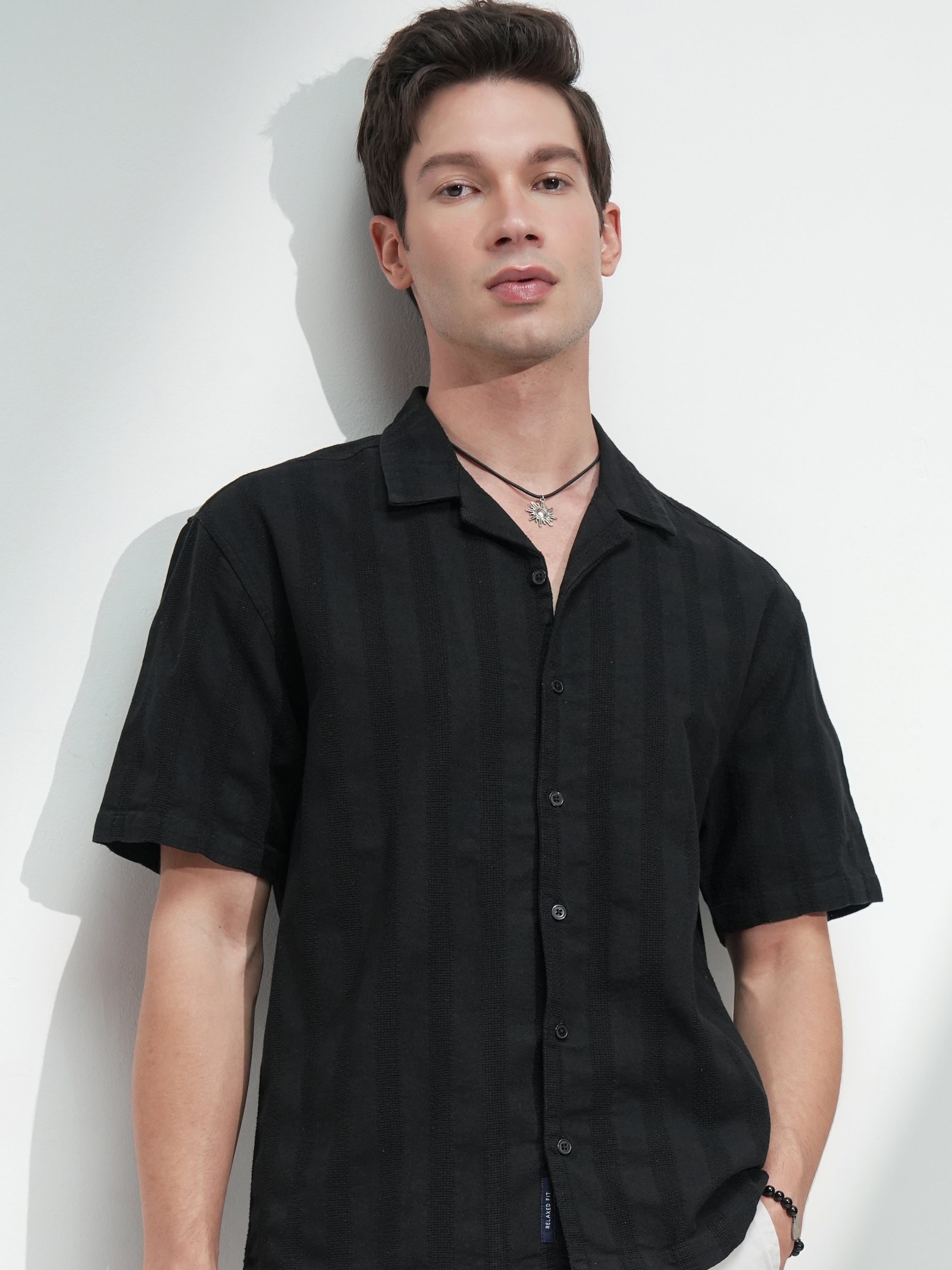 Highlander Men Black Self Design Relaxed Fit Casual Shirt - Black - Image 1