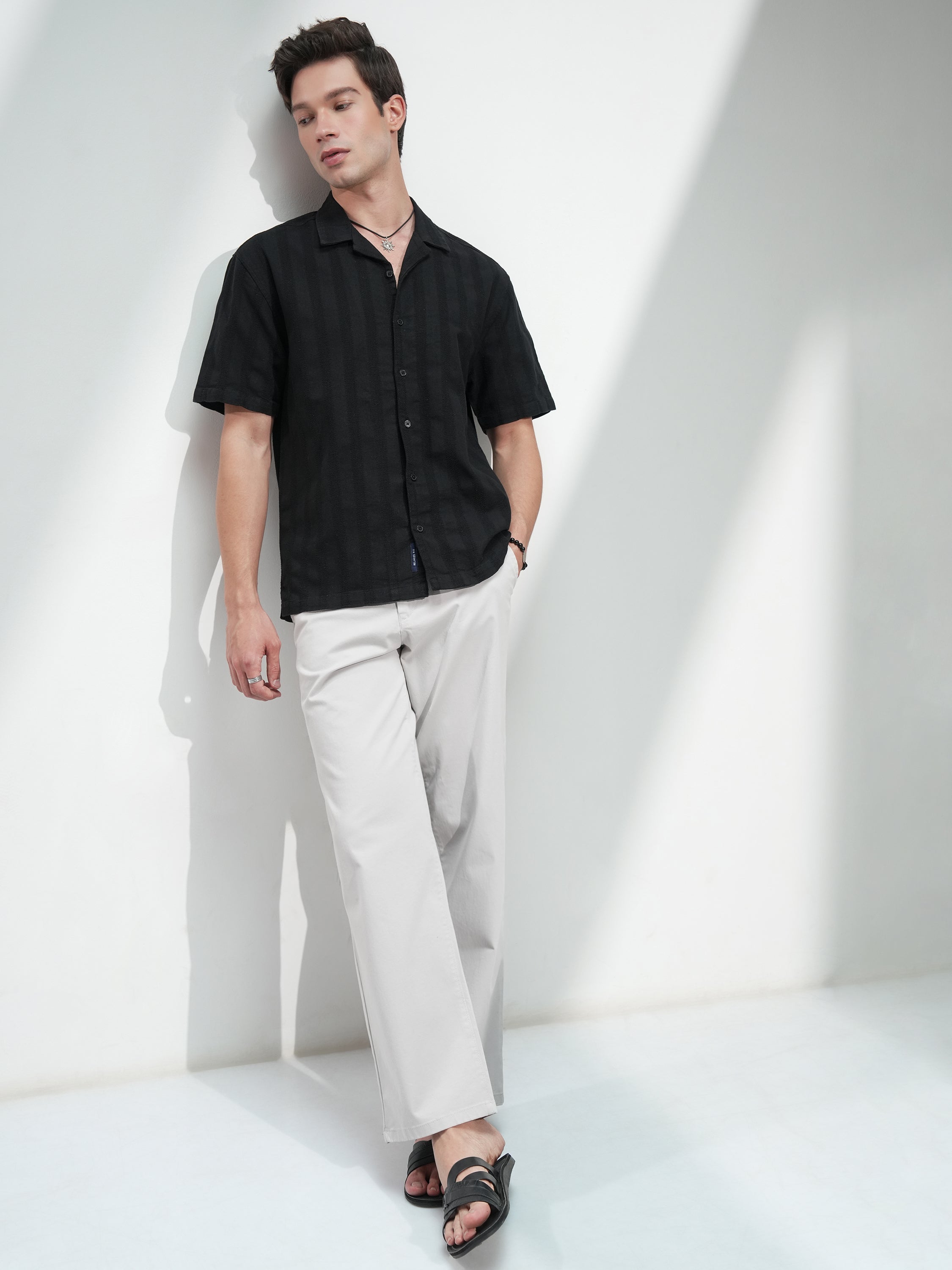 Highlander Men Black Self Design Relaxed Fit Casual Shirt - Black - Image 2