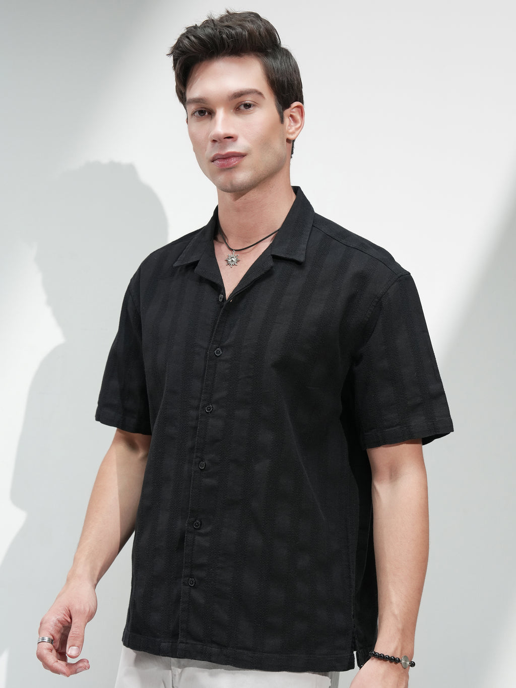 Highlander Men Black Self Design Relaxed Fit Casual Shirt - Black - Image 4