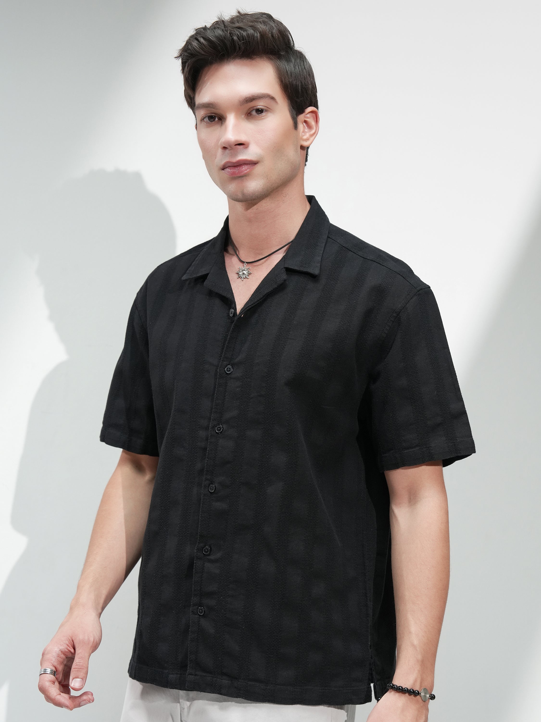 Highlander Men Black Self Design Relaxed Fit Casual Shirt - Black - Image 4