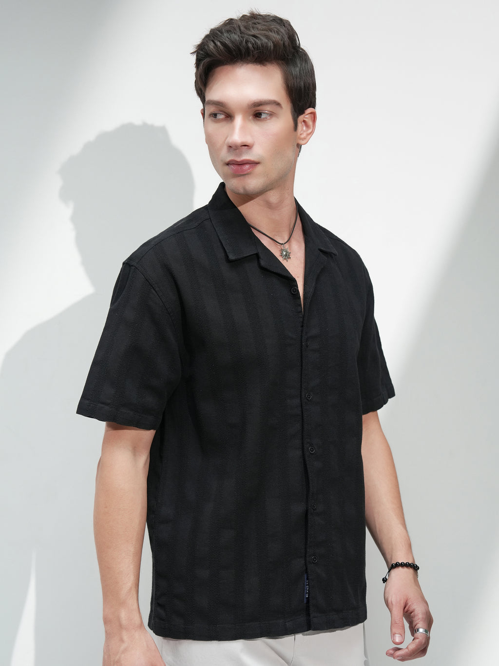 Highlander Men Black Self Design Relaxed Fit Casual Shirt - Black - Image 6