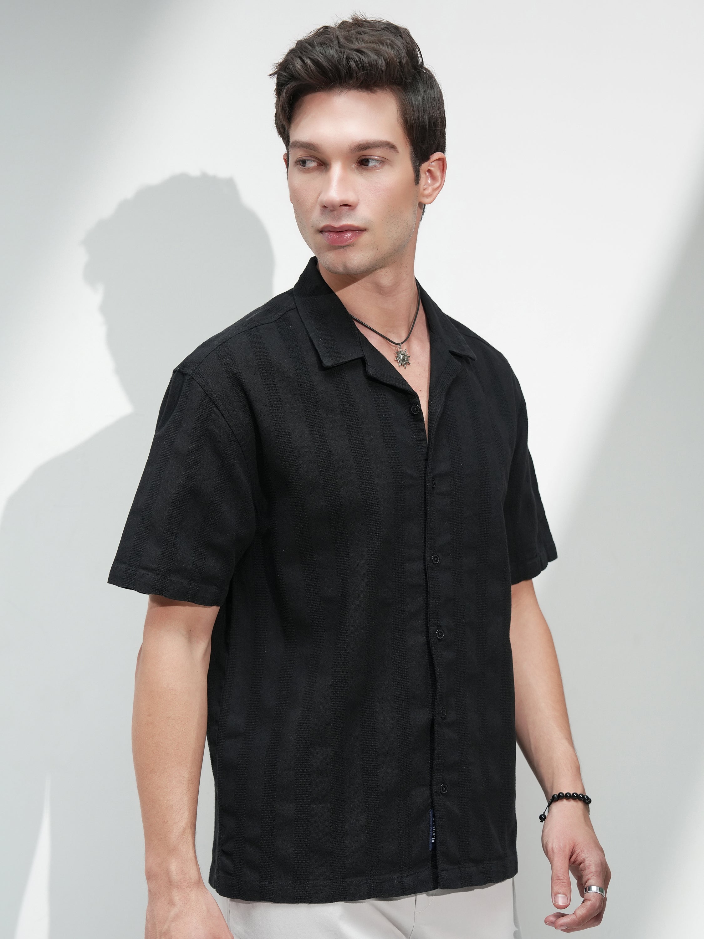 Highlander Men Black Self Design Relaxed Fit Casual Shirt - Black - Image 6
