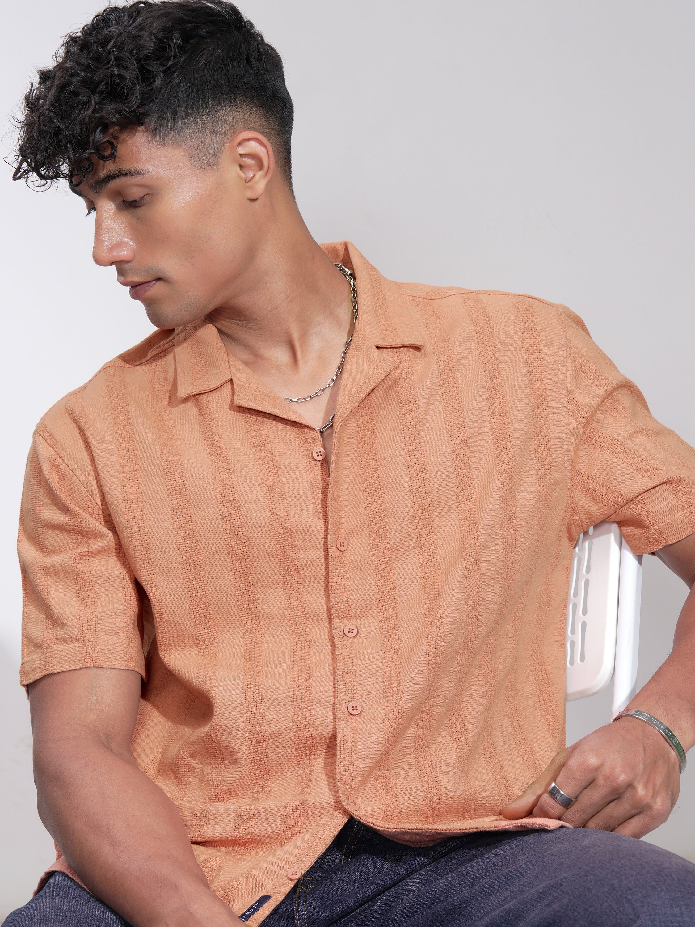 Highlander Men Rust Striped Relaxed Fit Casual Shirt - Rust - Image 1