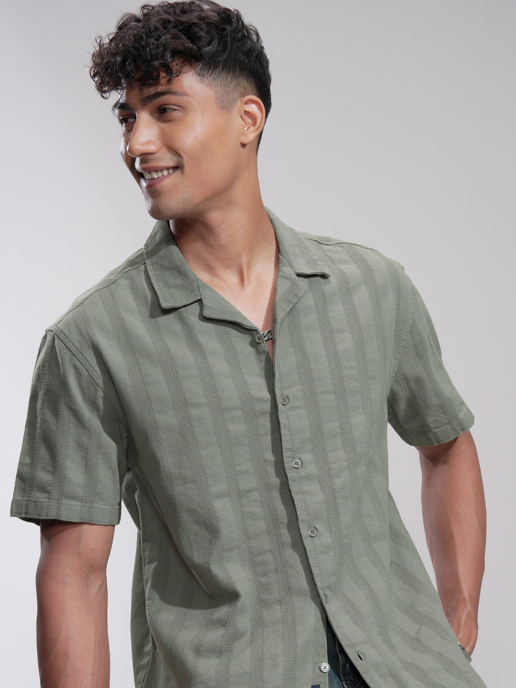 Highlander Men Olive Striped Relaxed Fit Casual Shirt - Olive - Image 1