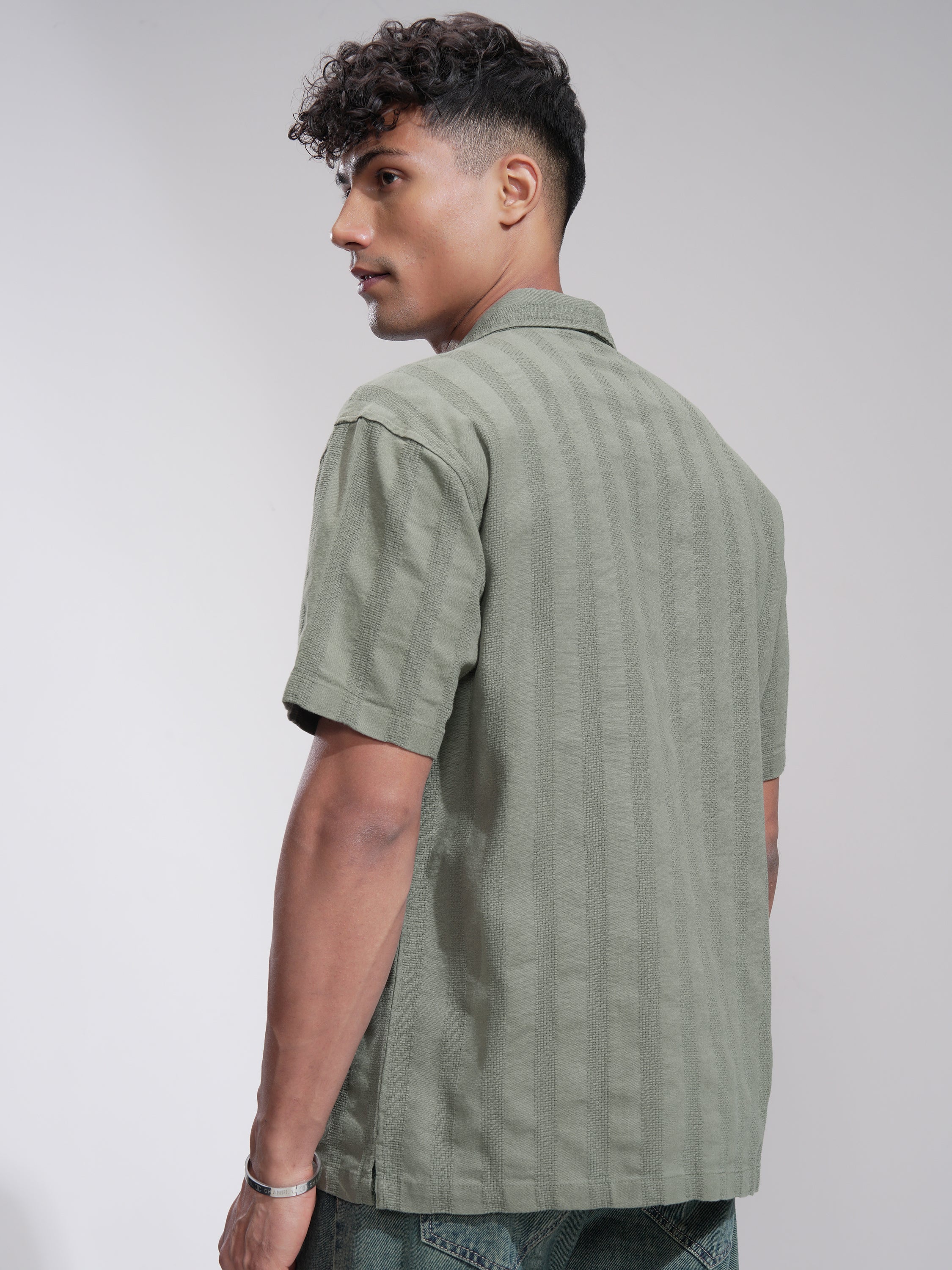 Highlander Men Olive Striped Relaxed Fit Casual Shirt - Olive - Image 3