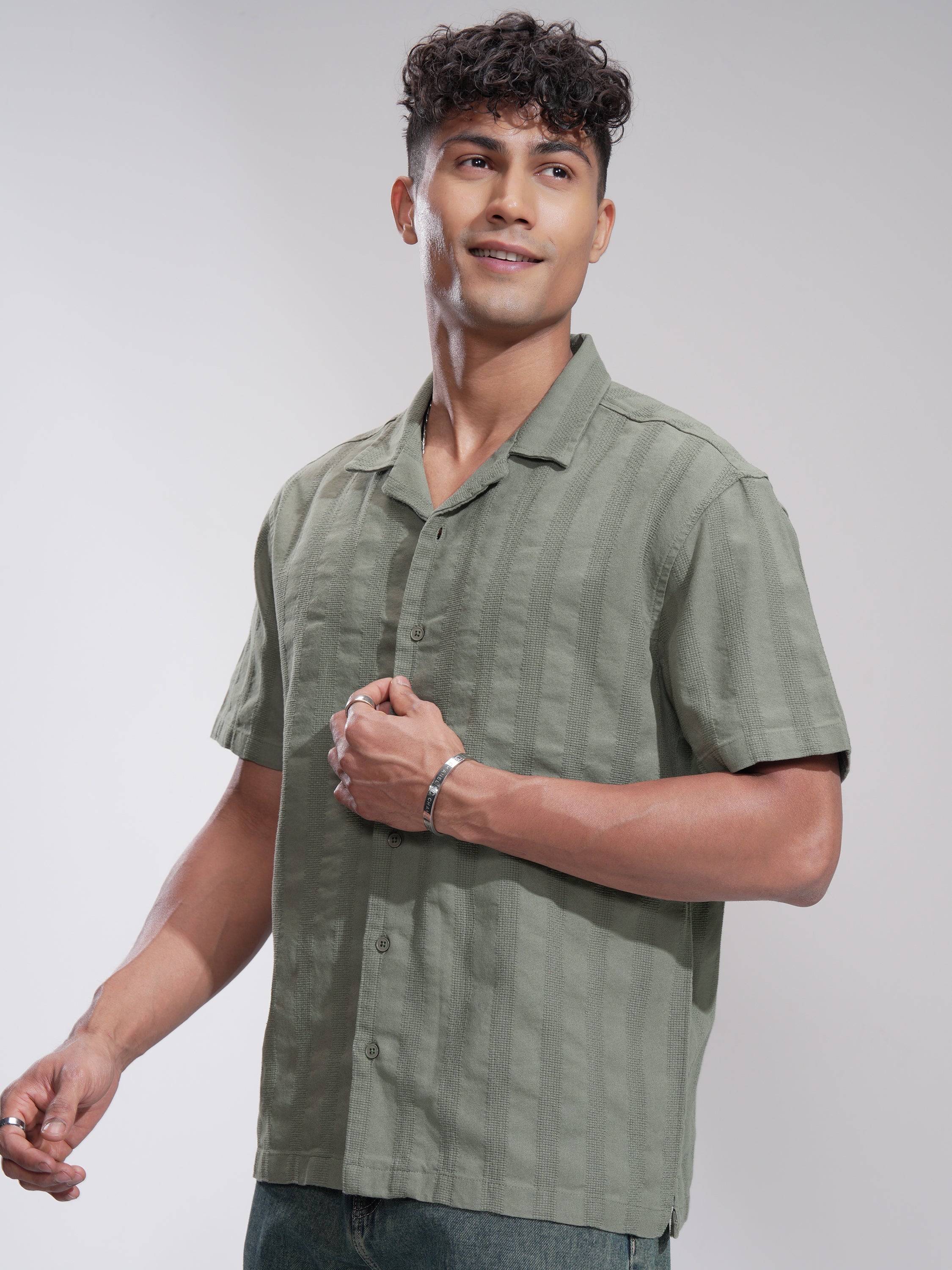 Highlander Men Olive Striped Relaxed Fit Casual Shirt - Olive - Image 4
