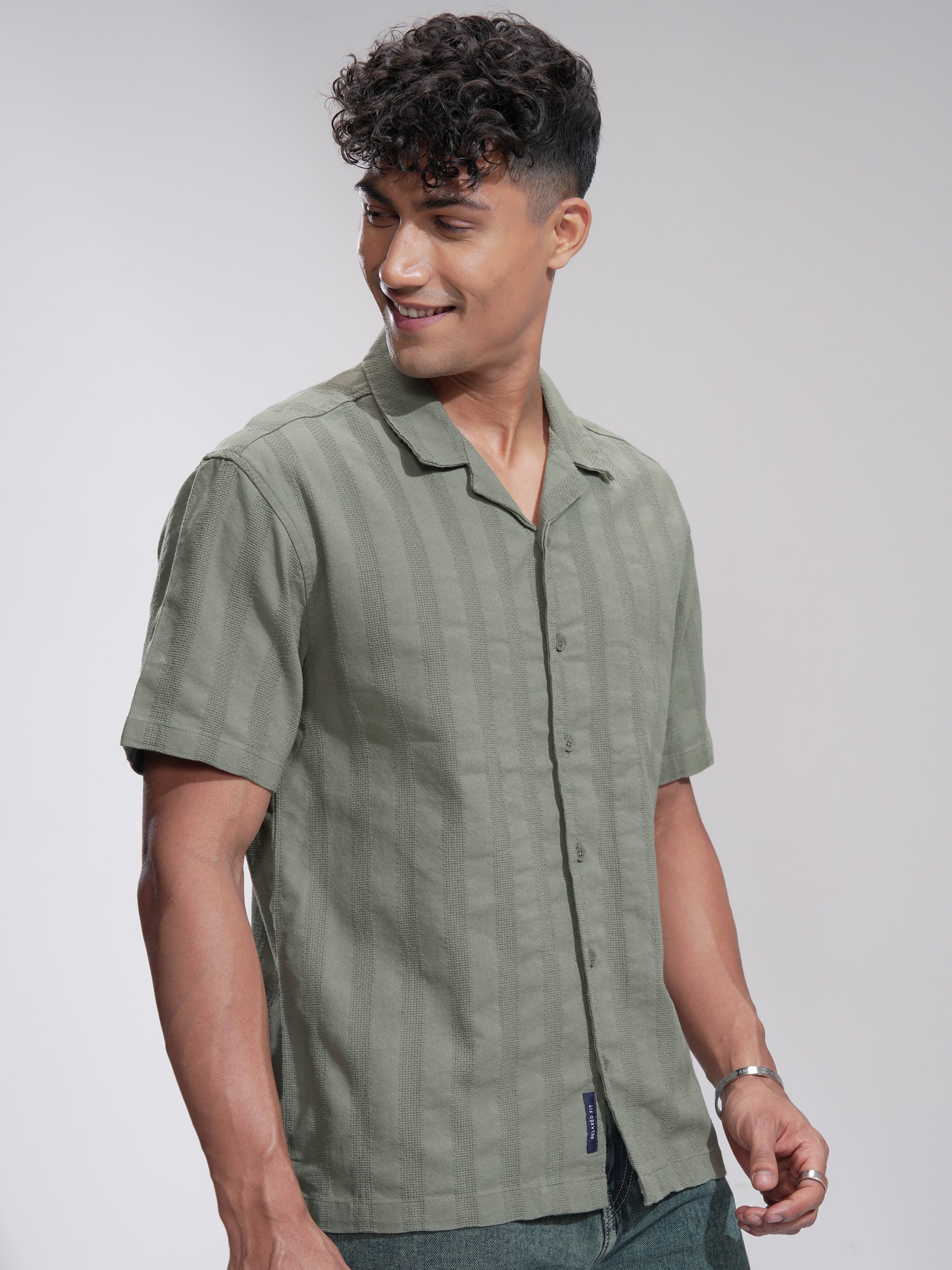 Highlander Men Olive Striped Relaxed Fit Casual Shirt - Olive - Image 6