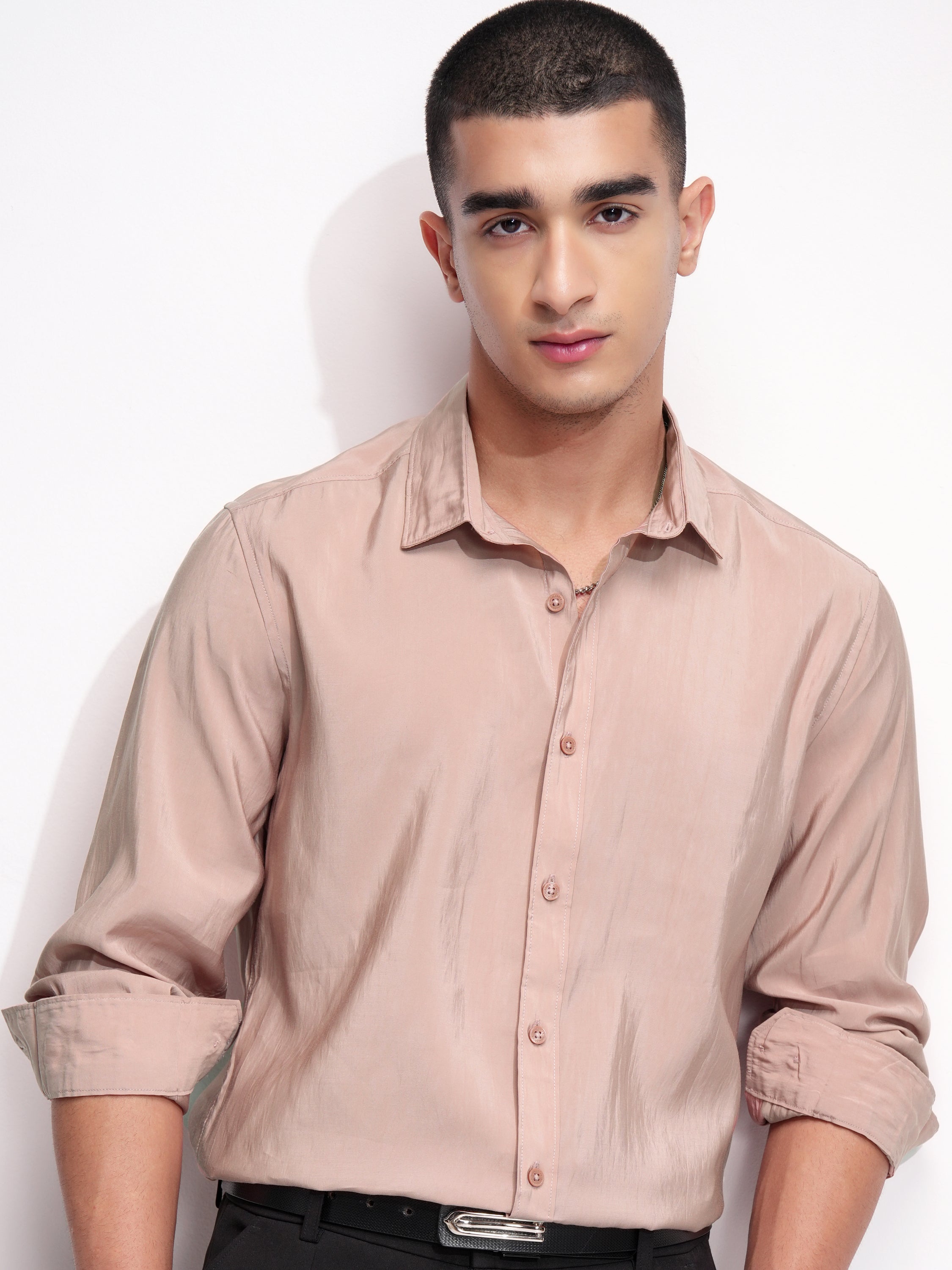 Highlander Men Peach Solid Slim Fit Casual Shirt - Peach - Image 1