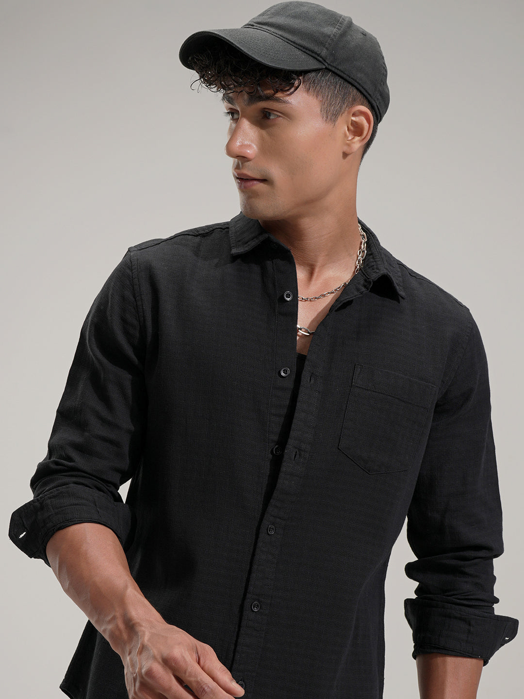 Highlander Men Black Self Design Slim Fit Casual Shirt - Black - Image 1