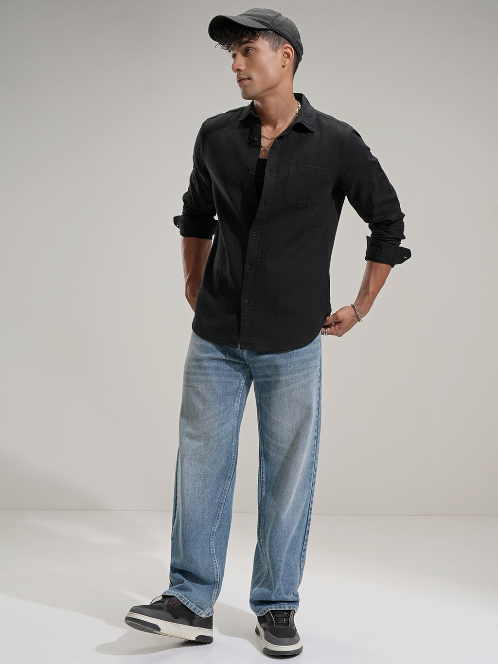 Highlander Men Black Self Design Slim Fit Casual Shirt - Black - Image 2