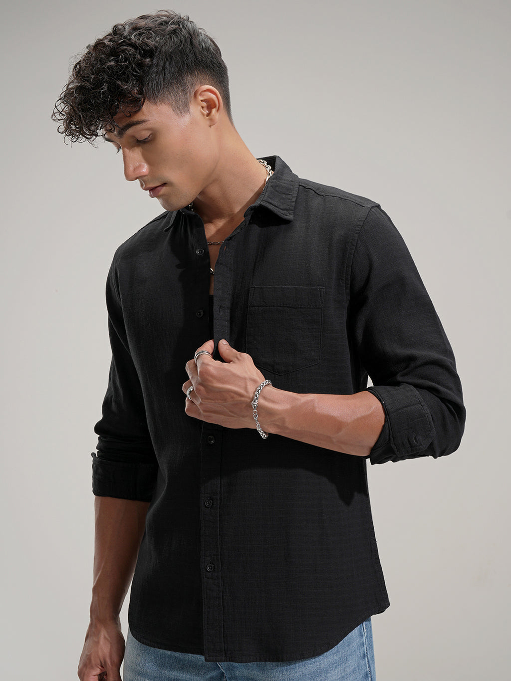 Highlander Men Black Self Design Slim Fit Casual Shirt - Black - Image 4