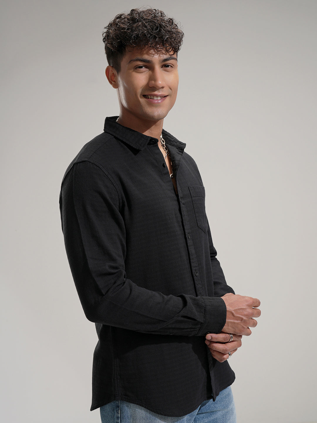 Highlander Men Black Self Design Slim Fit Casual Shirt - Black - Image 6