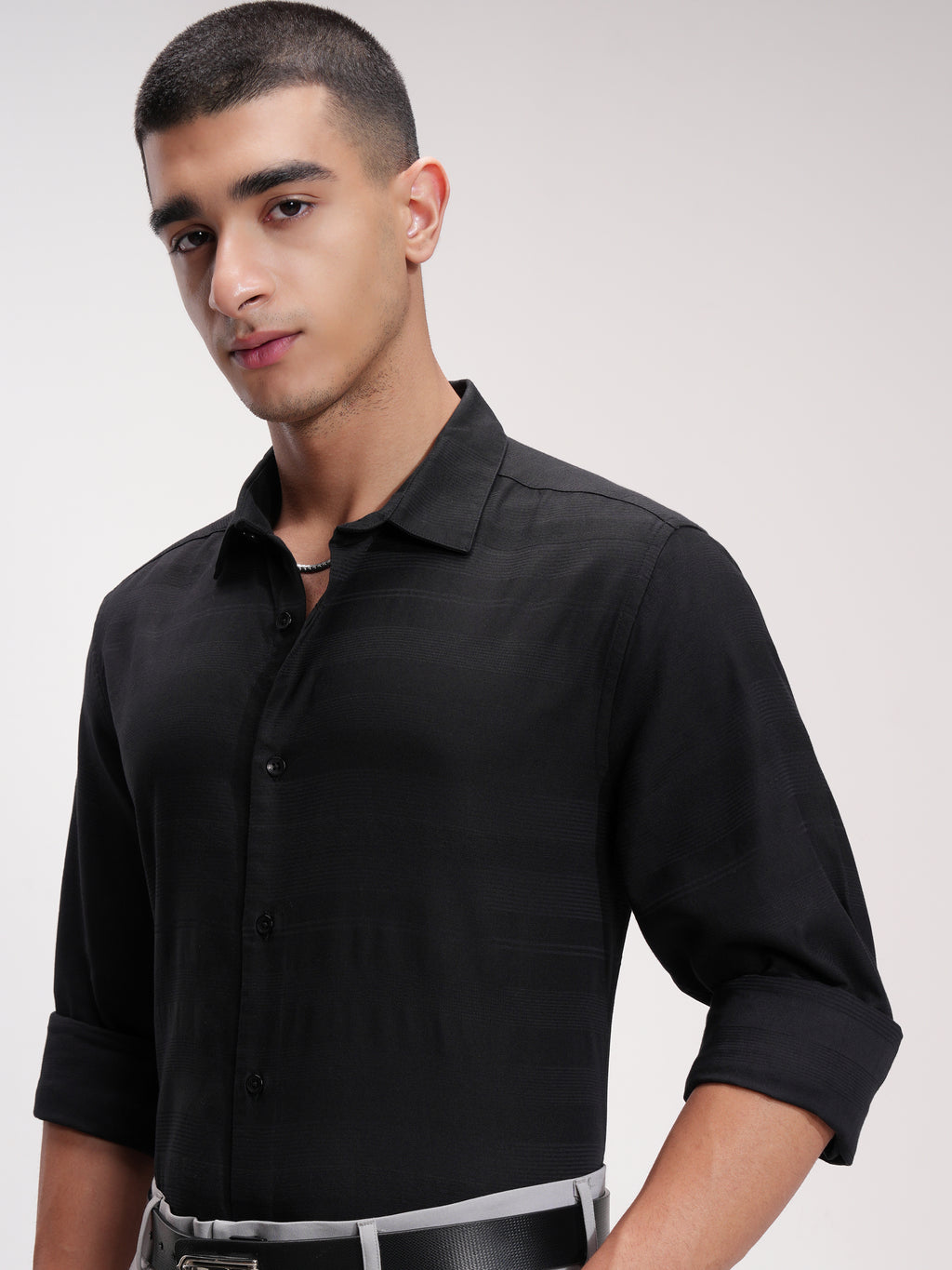 Highlander Men Black Striped Slim Fit Casual Shirt - Black - Image 1