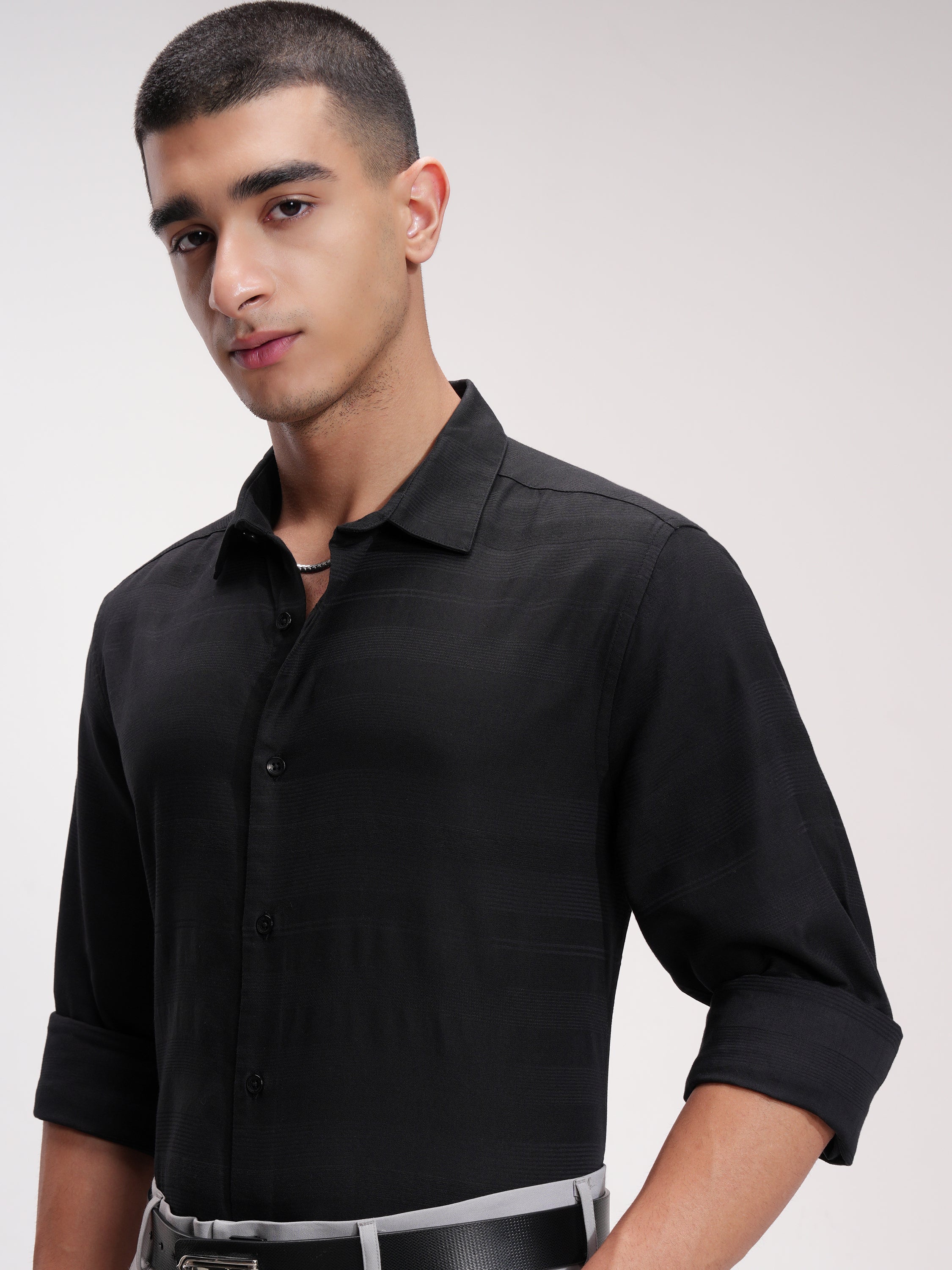 Highlander Men Black Striped Slim Fit Casual Shirt - Black - Image 1