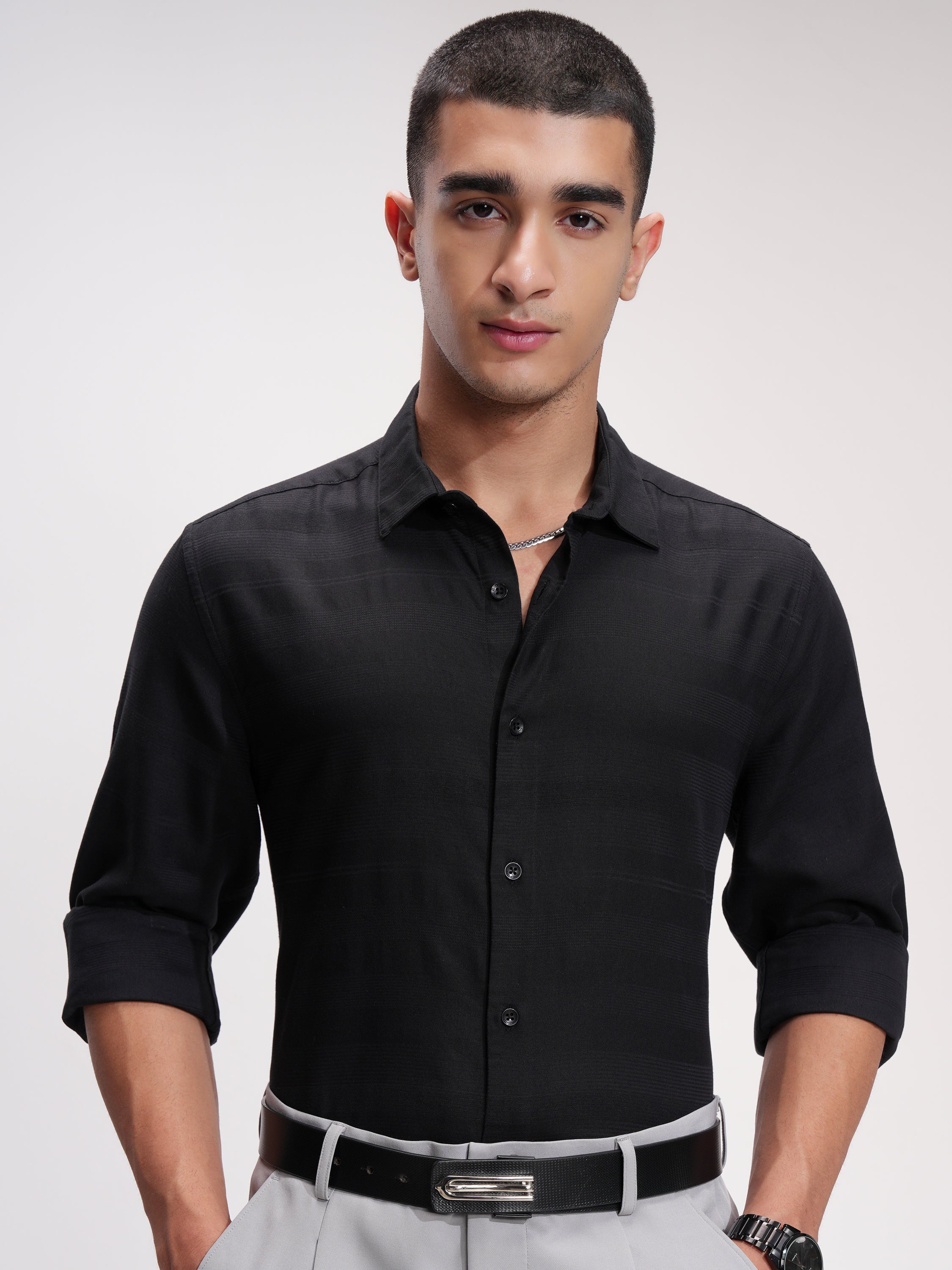Highlander Men Black Striped Slim Fit Casual Shirt - Black - Image 4