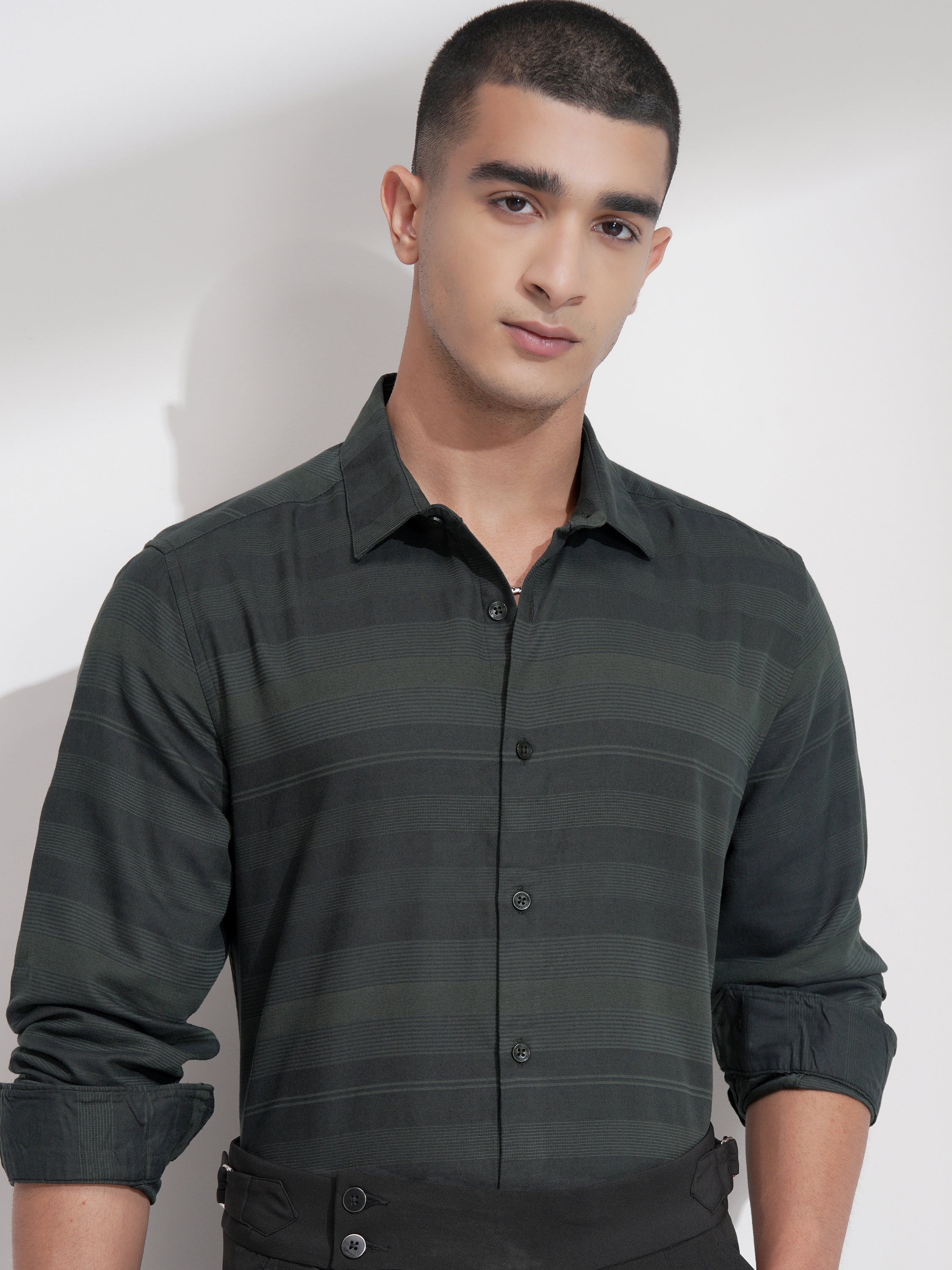 Highlander Men Green Striped Slim Fit Casual Shirt - Green - Image 1