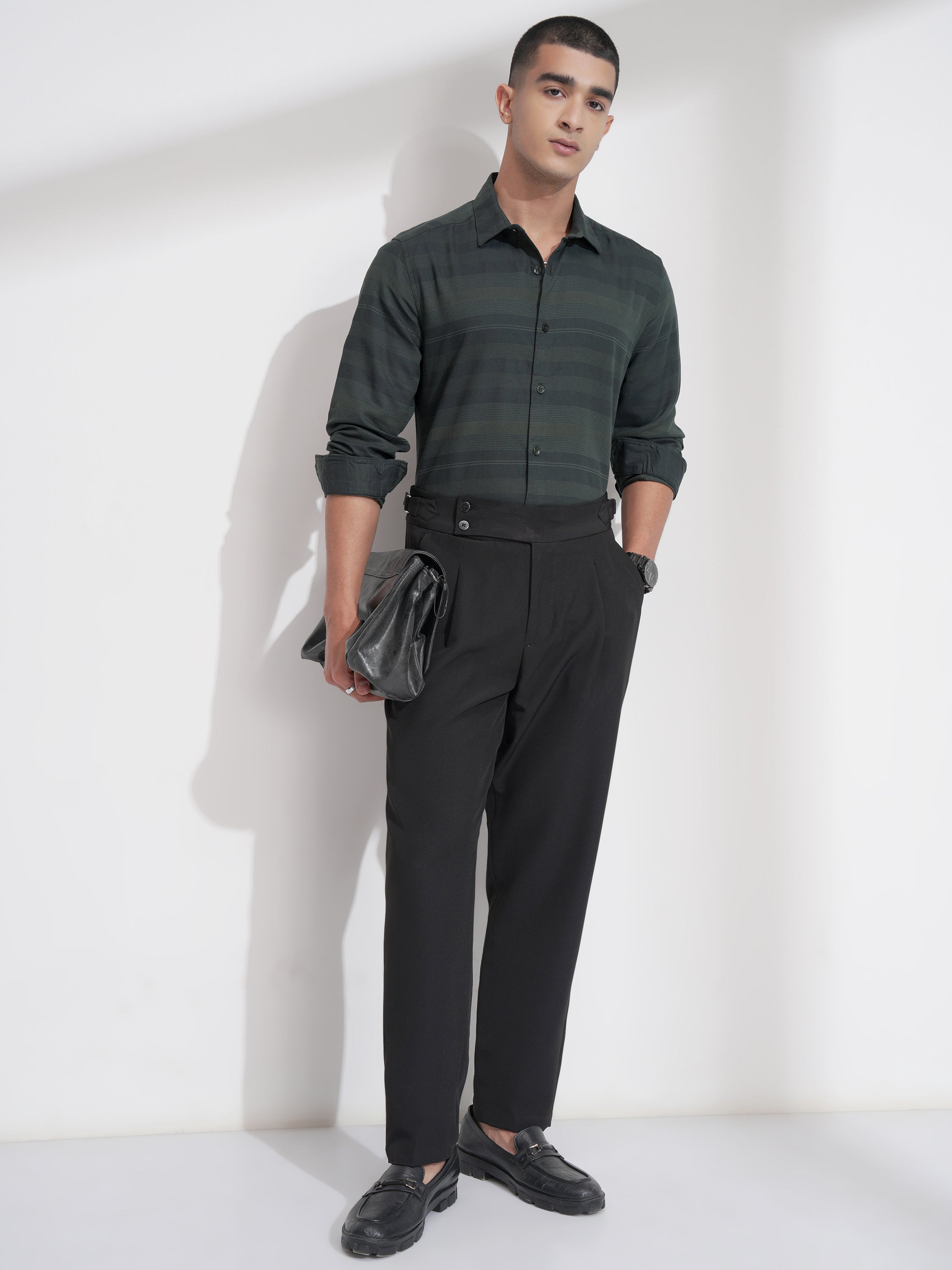 Highlander Men Green Striped Slim Fit Casual Shirt - Green - Image 2