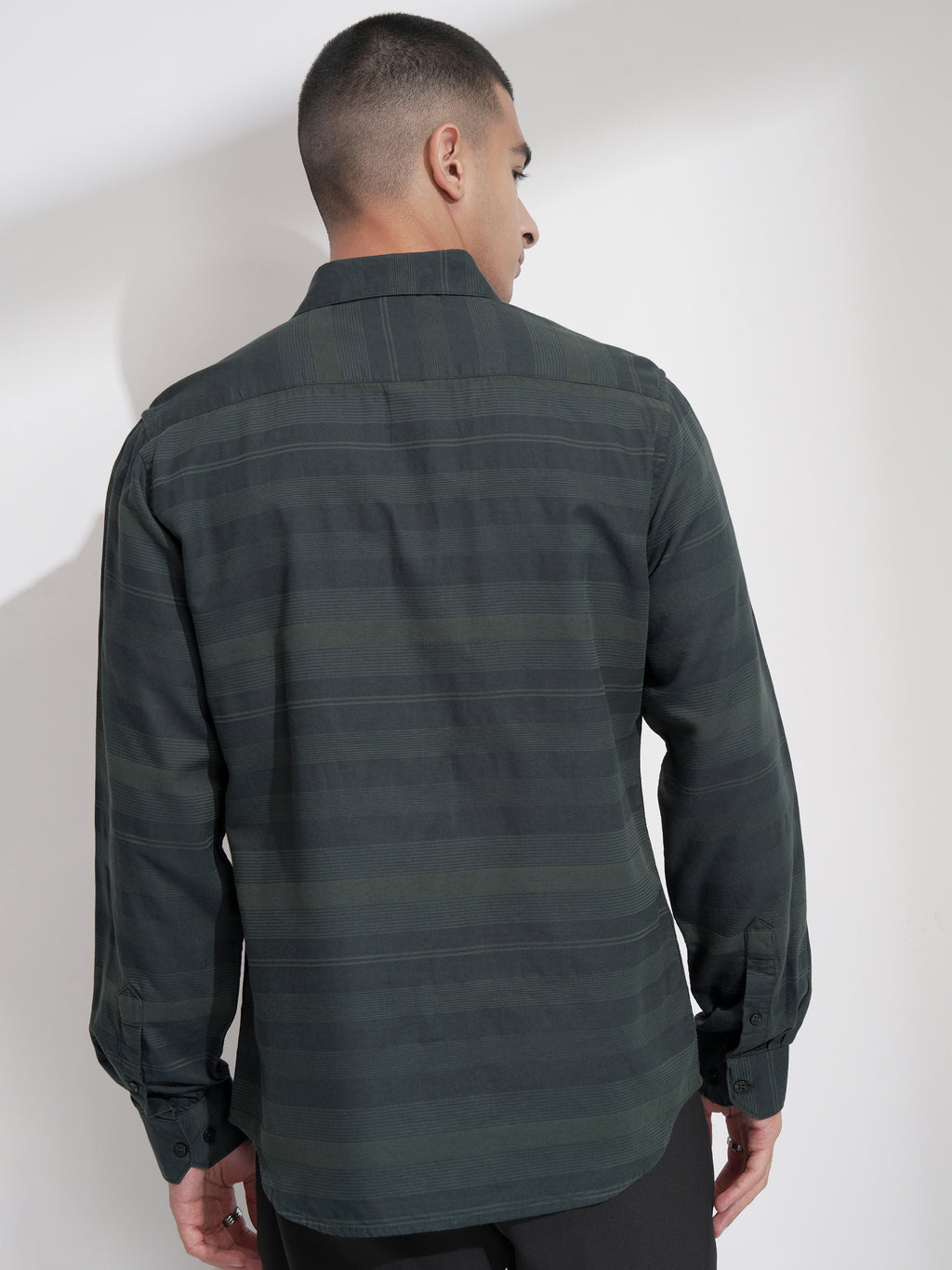 Highlander Men Green Striped Slim Fit Casual Shirt - Green - Image 3