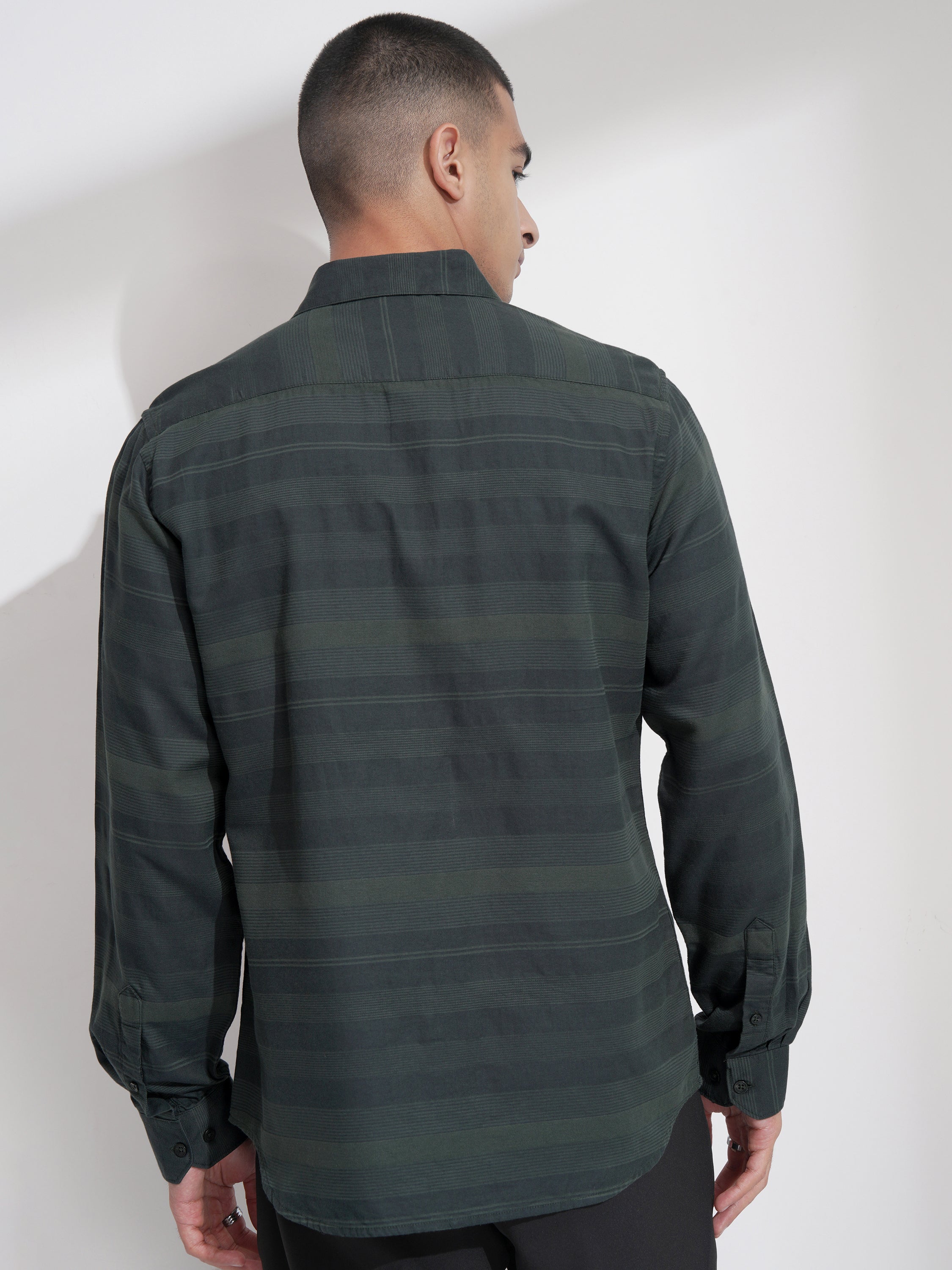 Highlander Men Green Striped Slim Fit Casual Shirt - Green - Image 3
