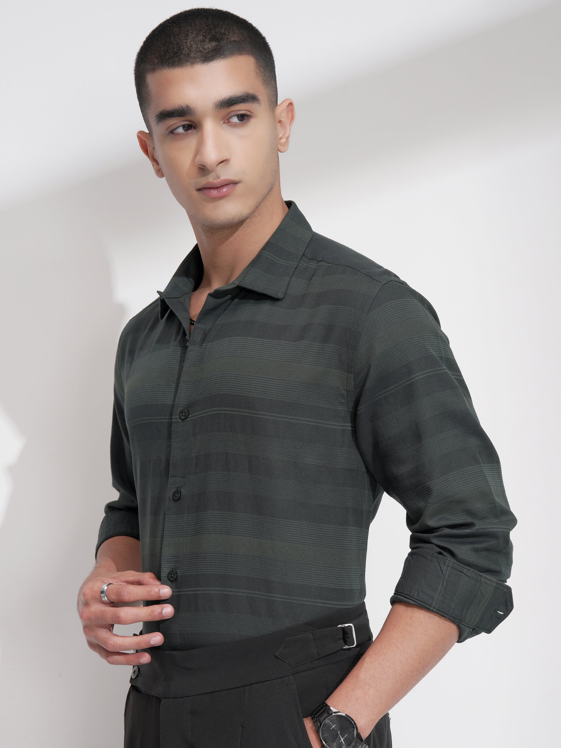 Highlander Men Green Striped Slim Fit Casual Shirt - Green - Image 4
