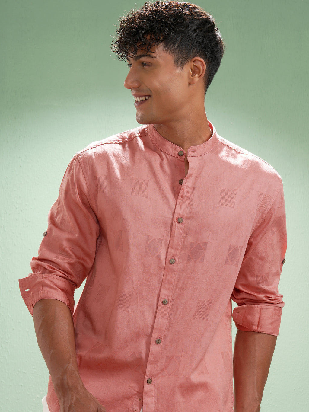 Highlander Men Coral Self Design Relaxed Fit Casual Shirt - Coral - Image 1