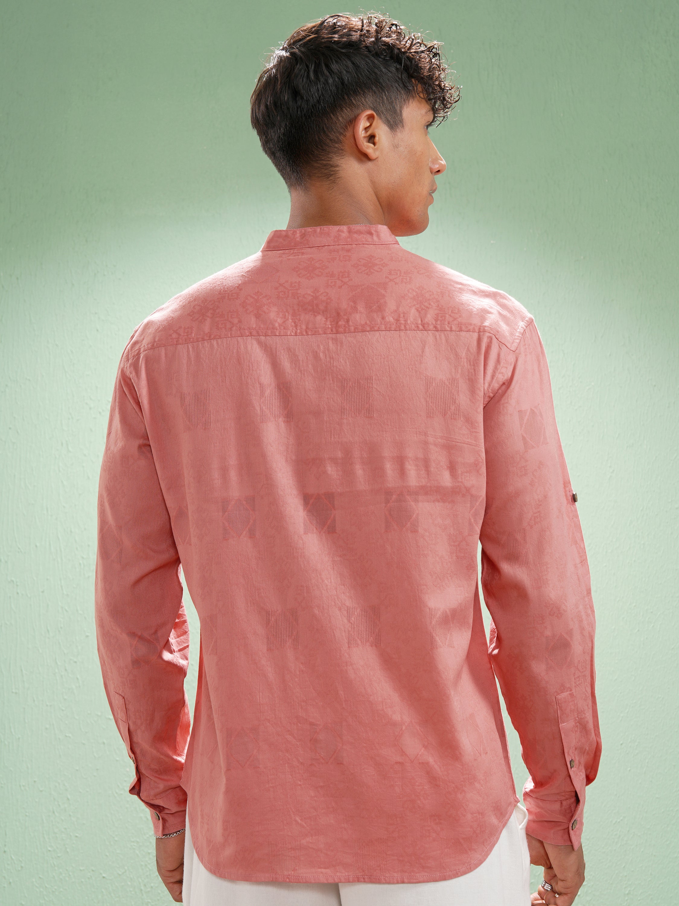Highlander Men Coral Self Design Relaxed Fit Casual Shirt - Coral - Image 3