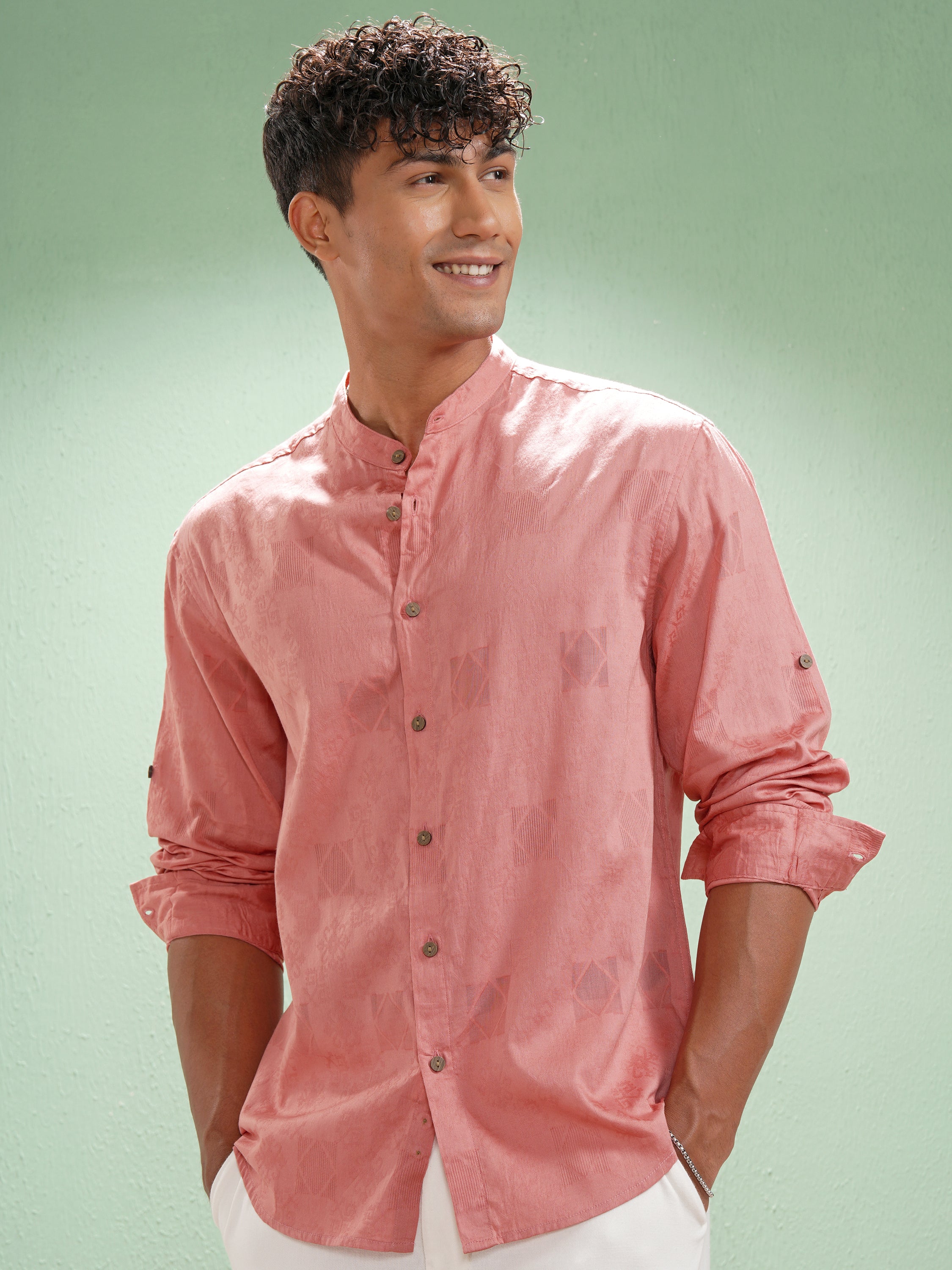 Highlander Men Coral Self Design Relaxed Fit Casual Shirt - Coral - Image 4