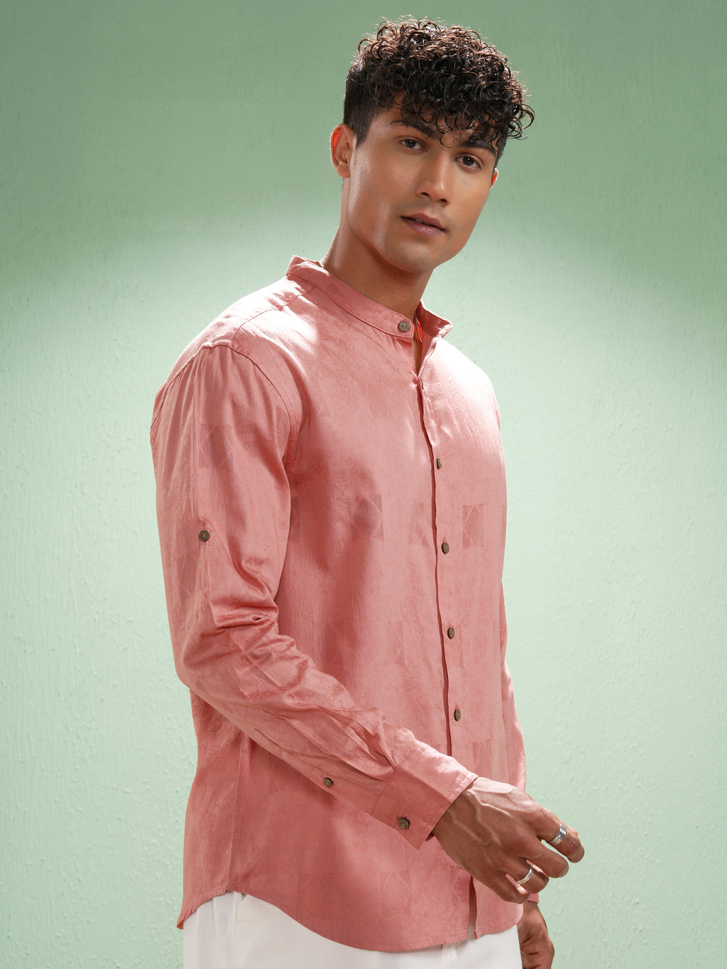 Highlander Men Coral Self Design Relaxed Fit Casual Shirt - Coral - Image 6