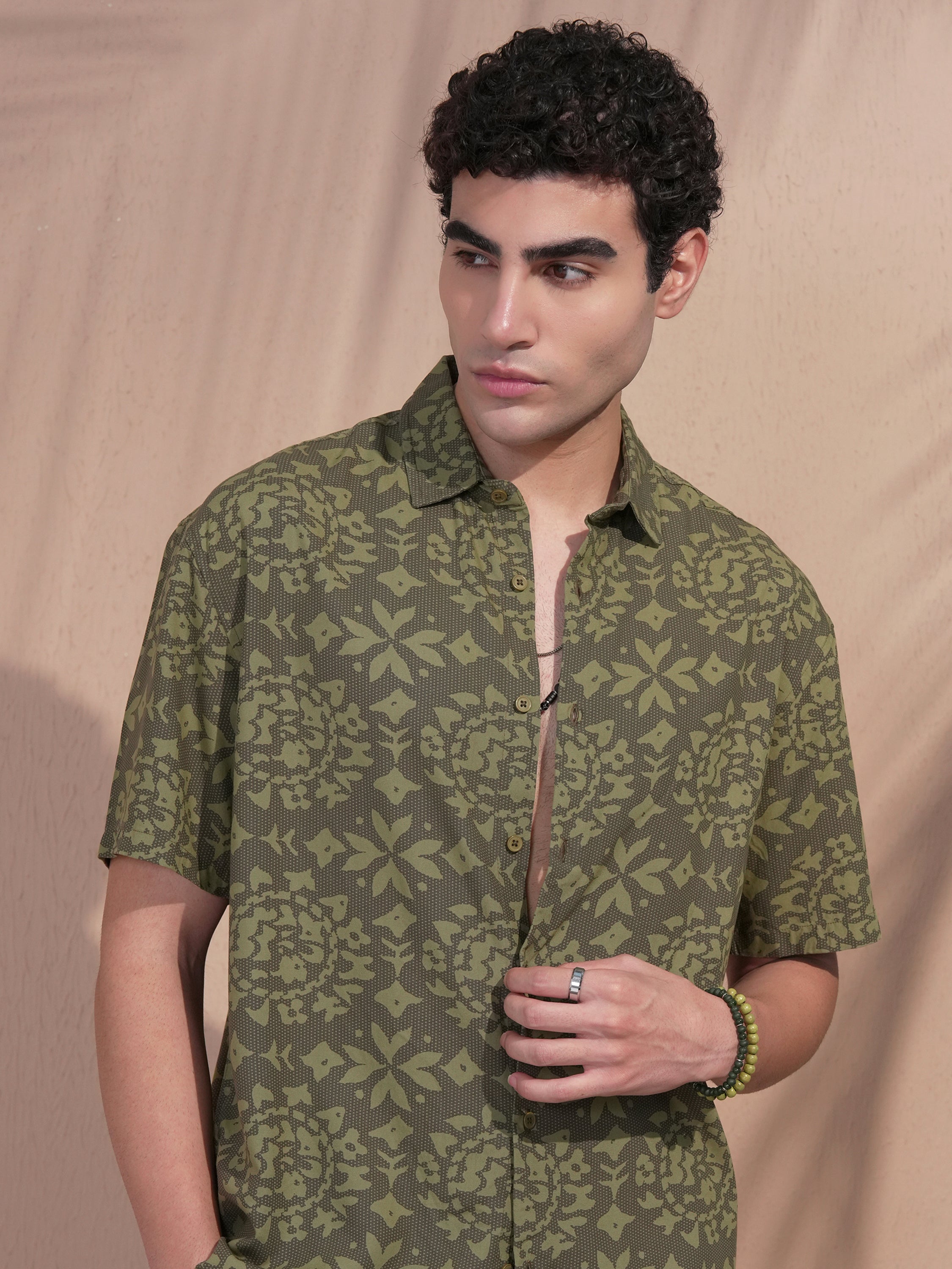 Highlander Men Olive Printed Relaxed Fit Casual Shirt - Olive - Image 1