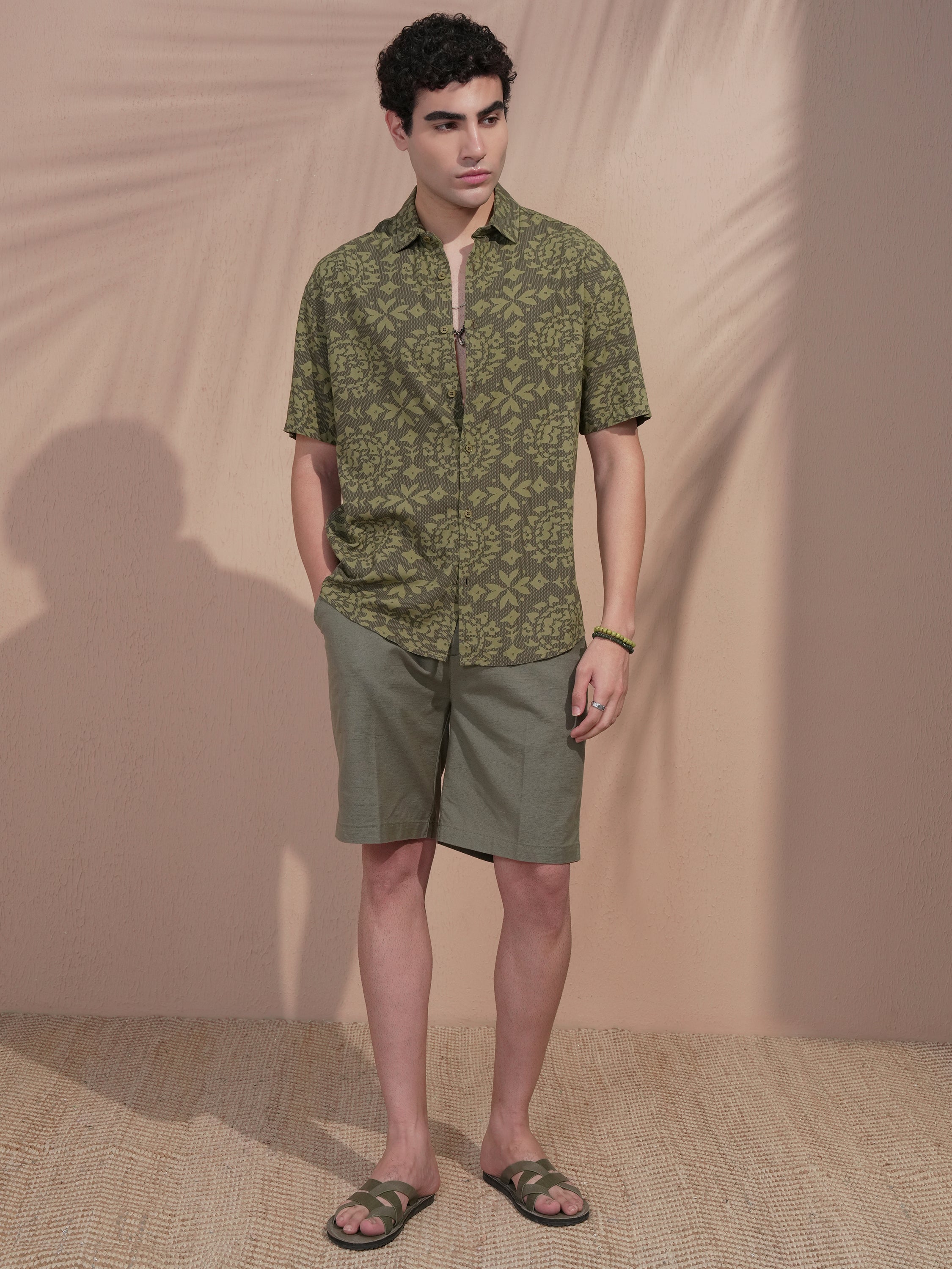 Highlander Men Olive Printed Relaxed Fit Casual Shirt - Olive - Image 2