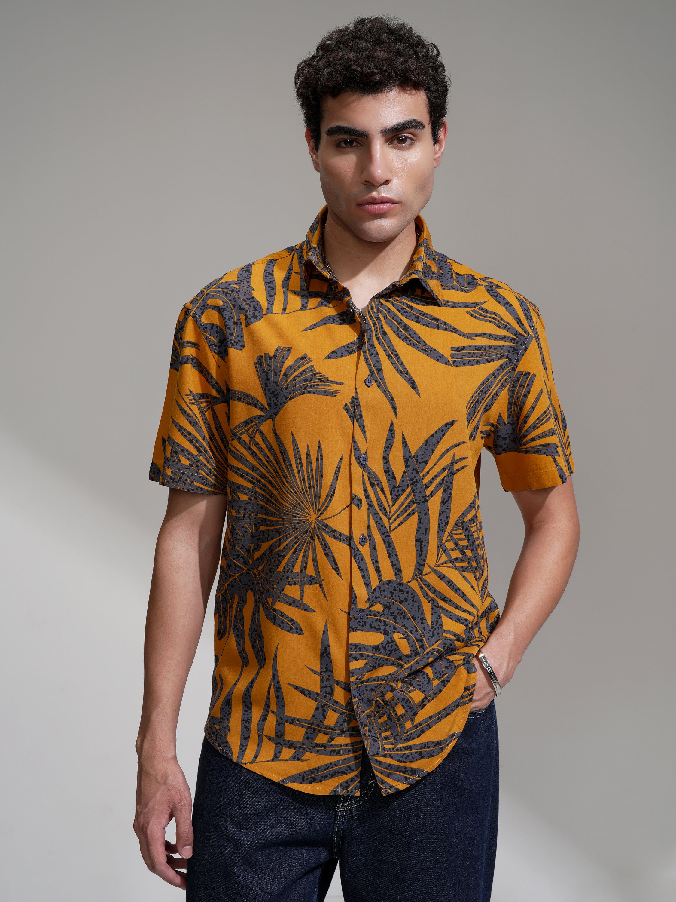 Highlander Men Orange Printed Relaxed Fit Casual Shirt - Orange - Image 1