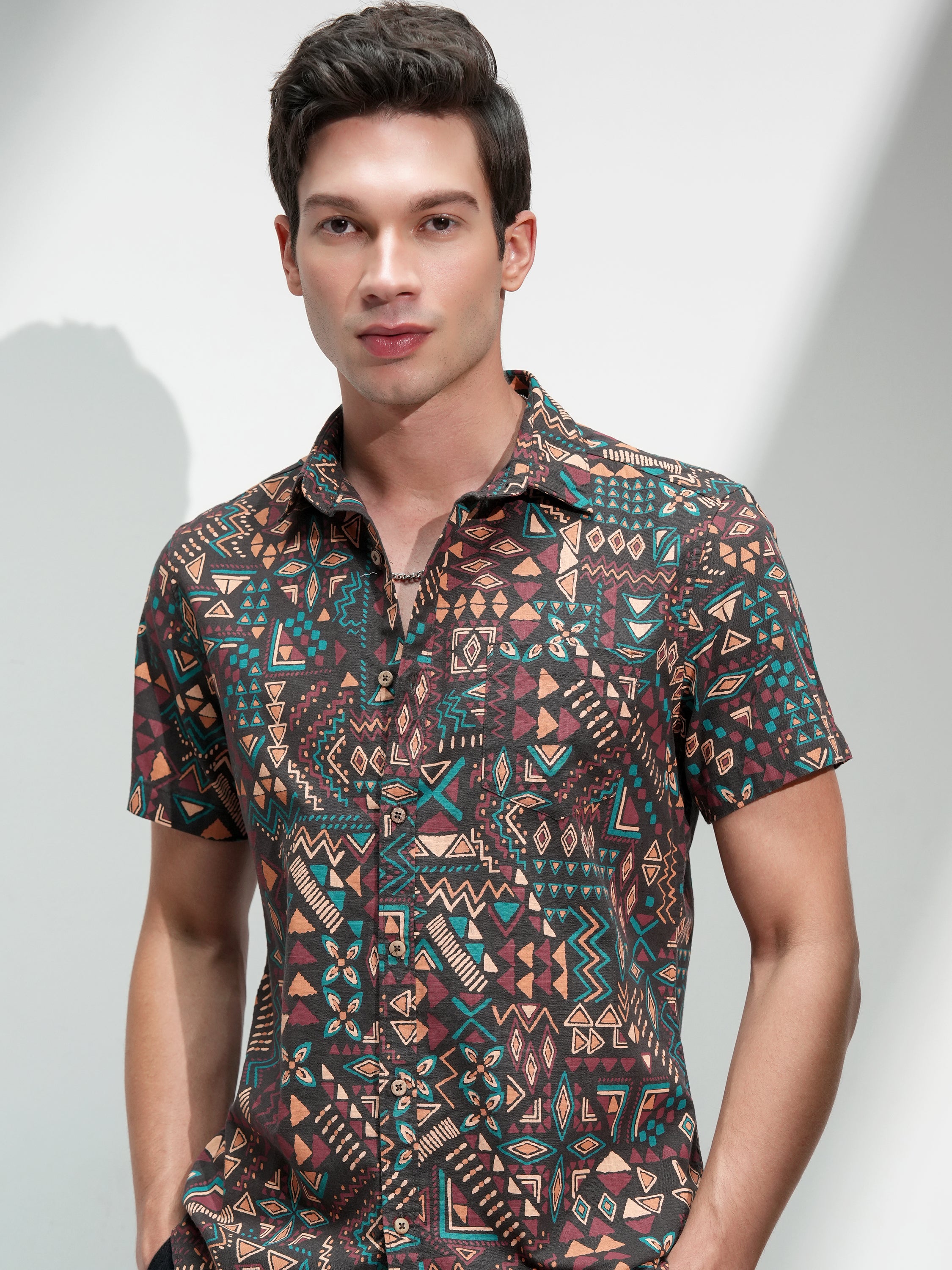 Highlander Men Brown Printed Slim Fit Casual Shirt - Brown - Image 1