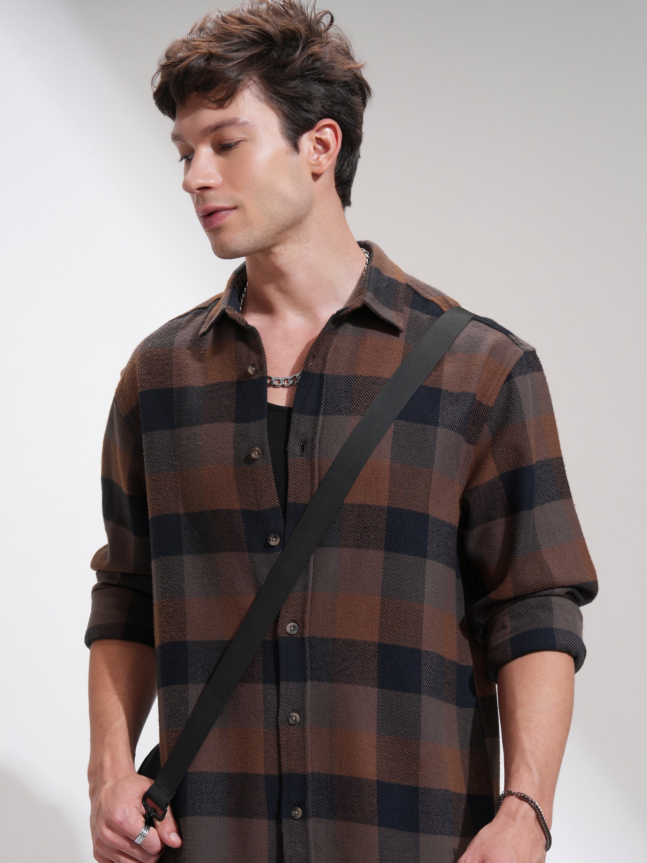Highlander Men Brown Checked Relaxed Fit Casual Shirt - Brown - Image 1