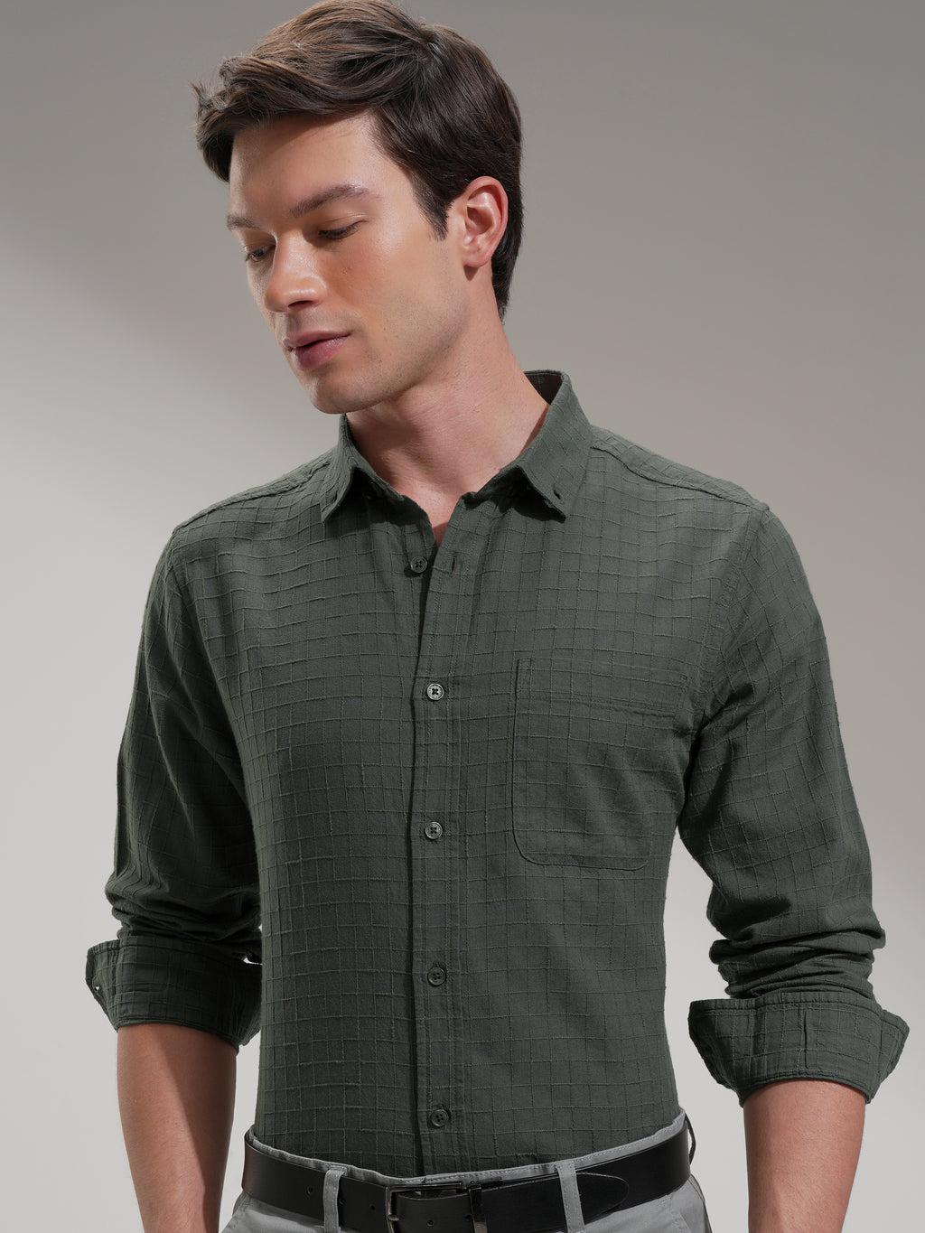 Highlander Men Olive Checked Slim Fit Casual Shirt - Olive - Image 1