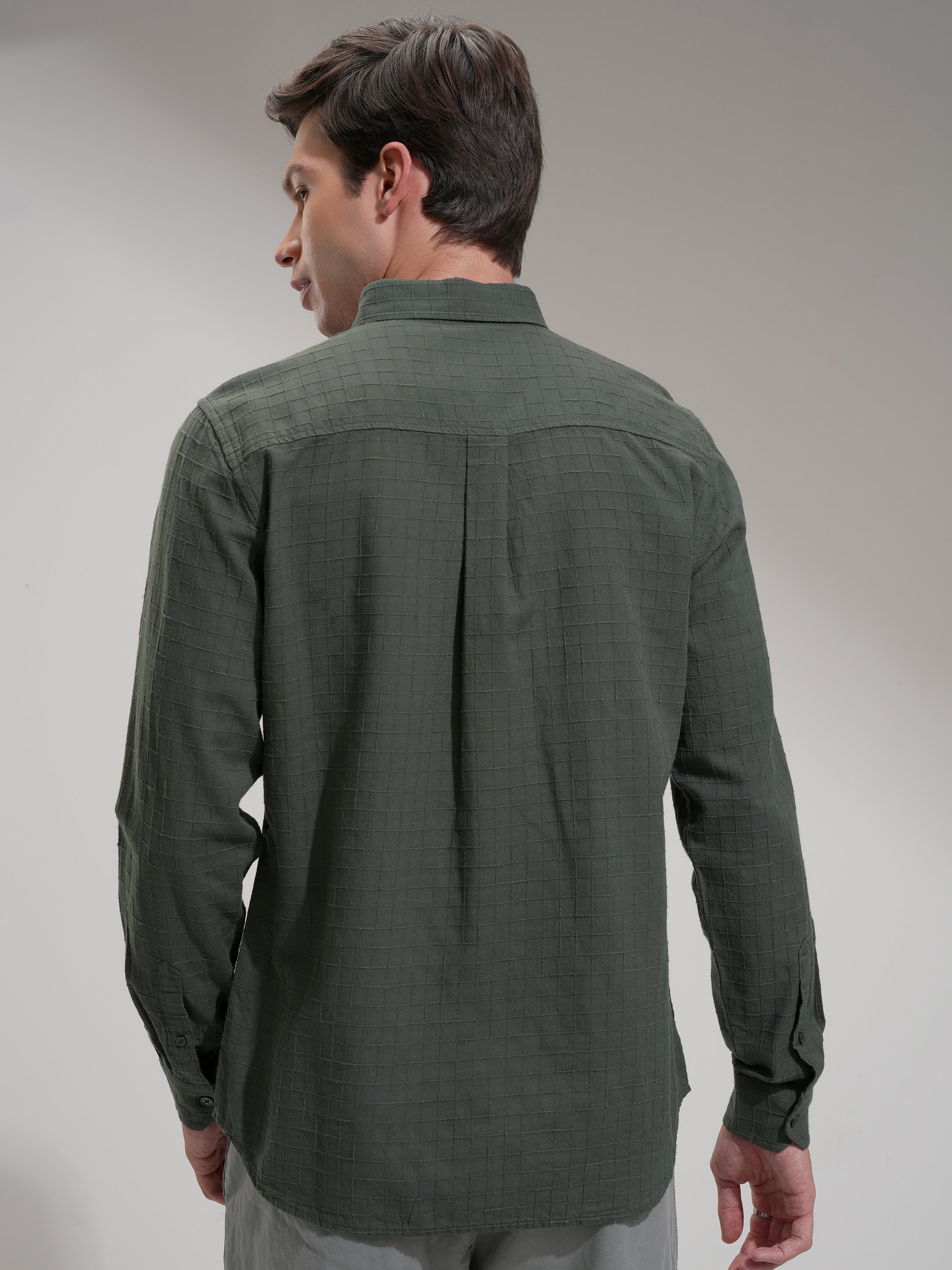 Highlander Men Olive Checked Slim Fit Casual Shirt - Olive - Image 3