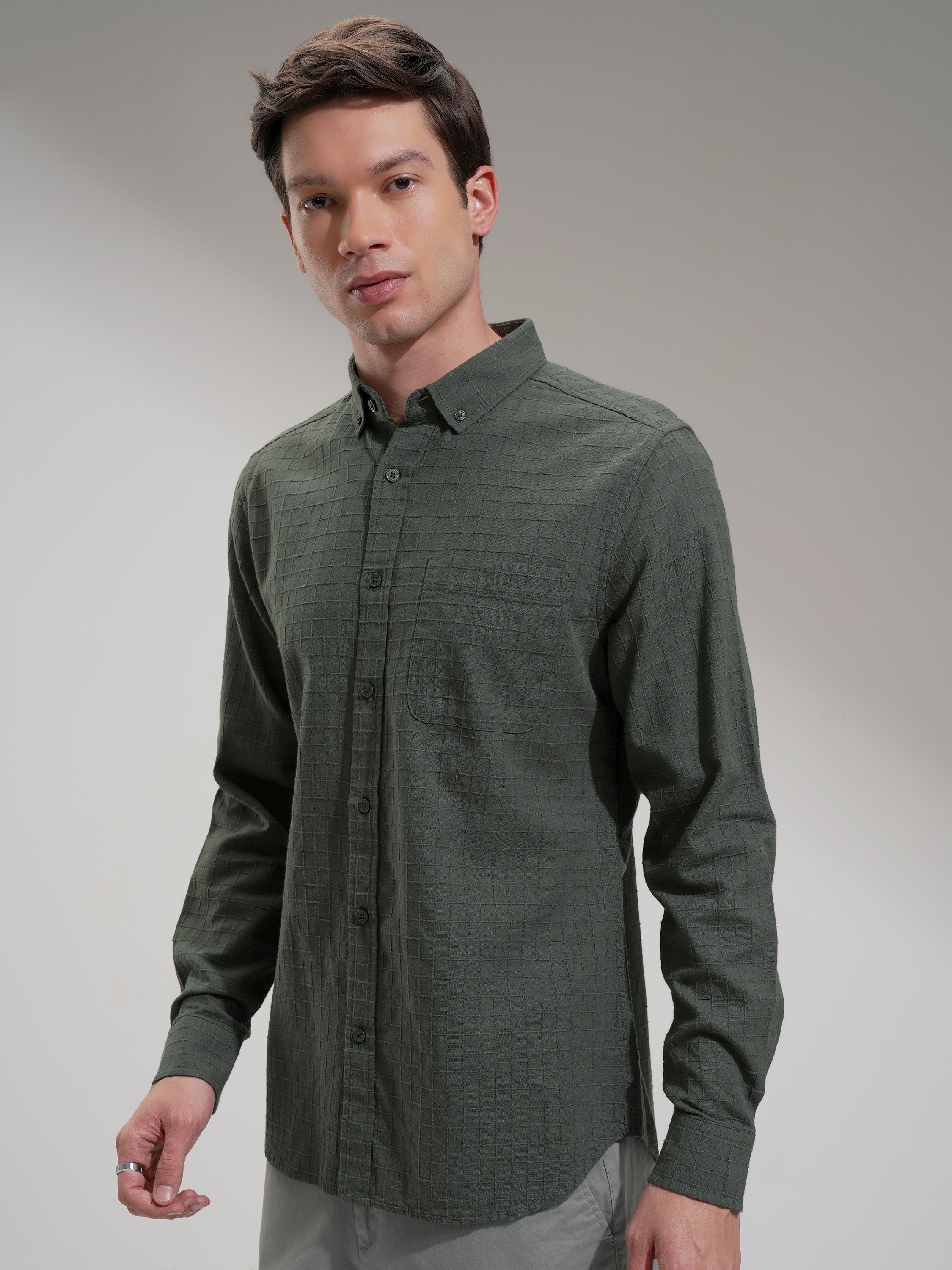Highlander Men Olive Checked Slim Fit Casual Shirt - Olive - Image 4