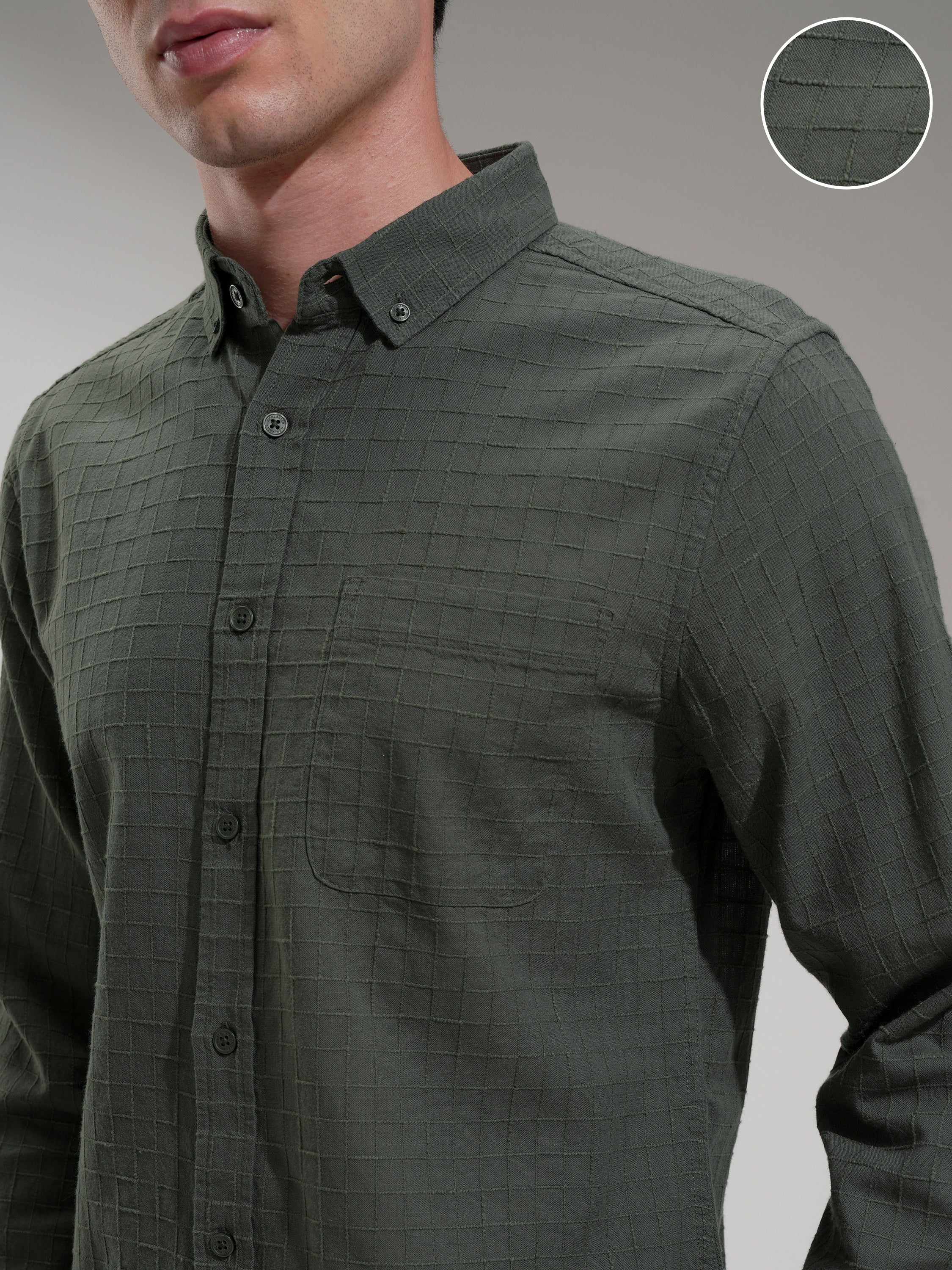 Highlander Men Olive Checked Slim Fit Casual Shirt - Olive - Image 5