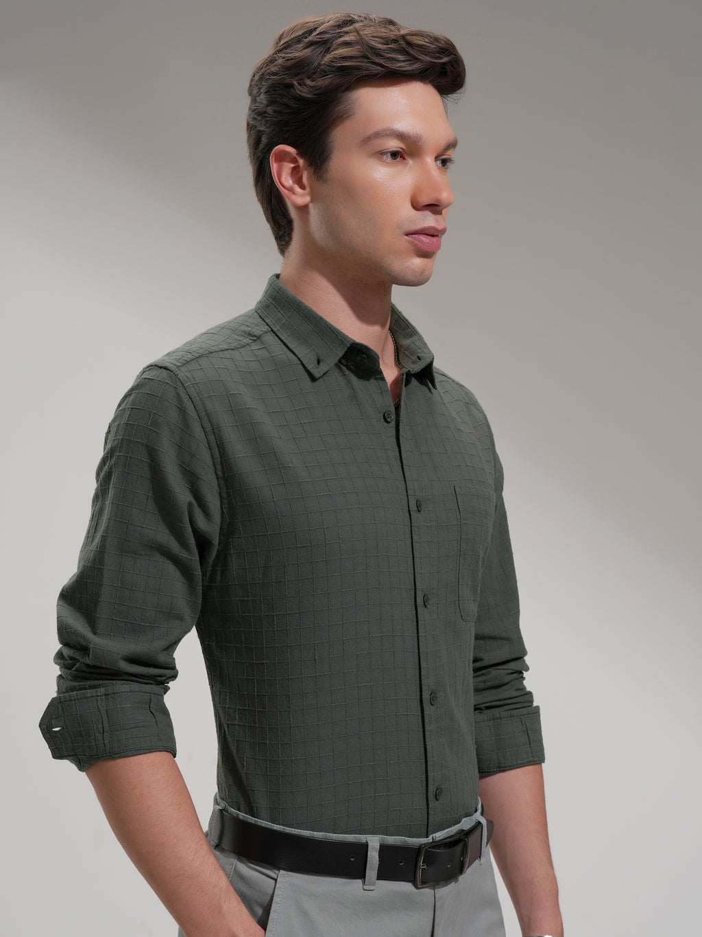 Highlander Men Olive Checked Slim Fit Casual Shirt - Olive - Image 6