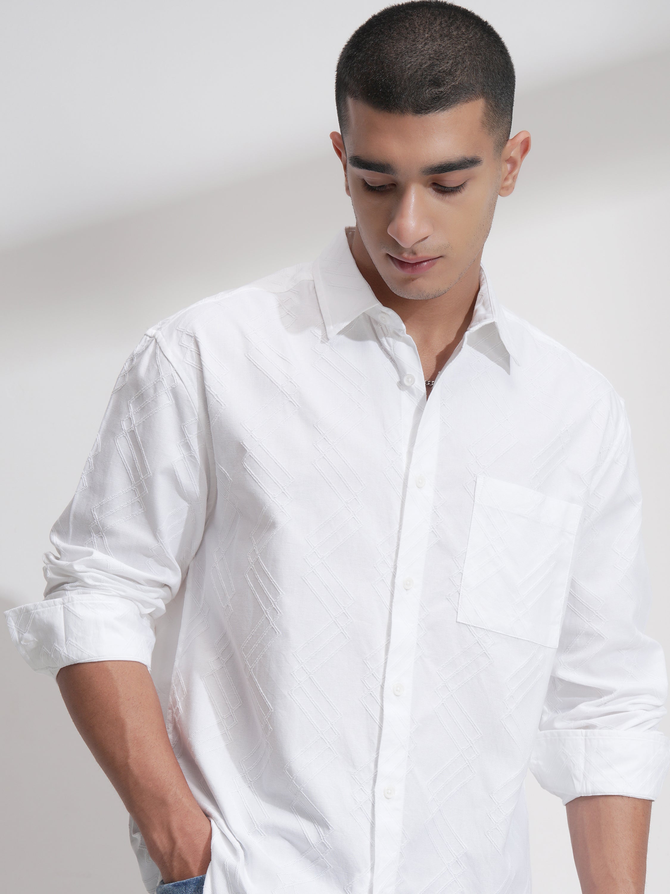 Highlander Men White Self Design Relaxed Fit Casual Shirt - White - Image 1