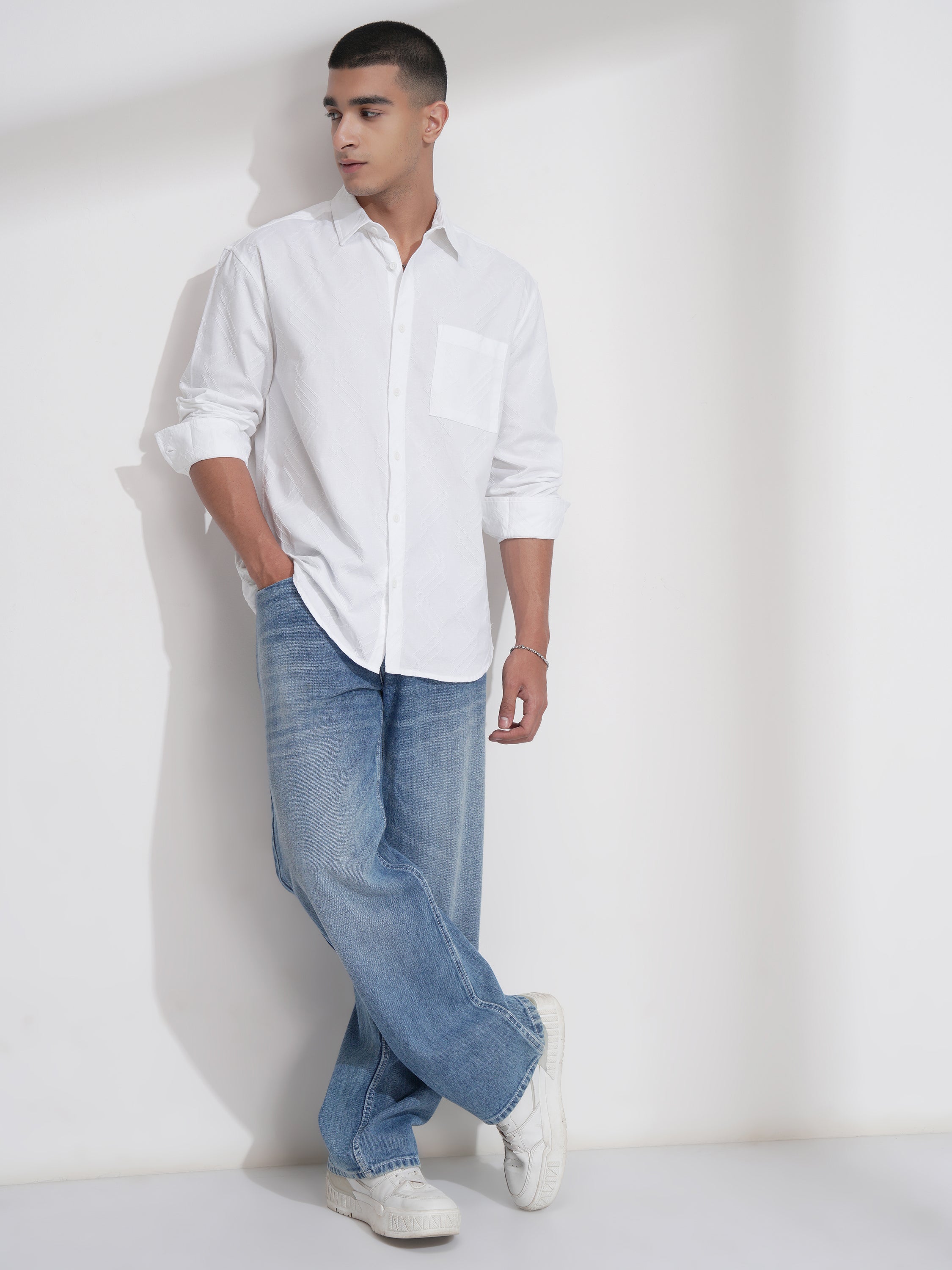 Highlander Men White Self Design Relaxed Fit Casual Shirt - White - Image 2