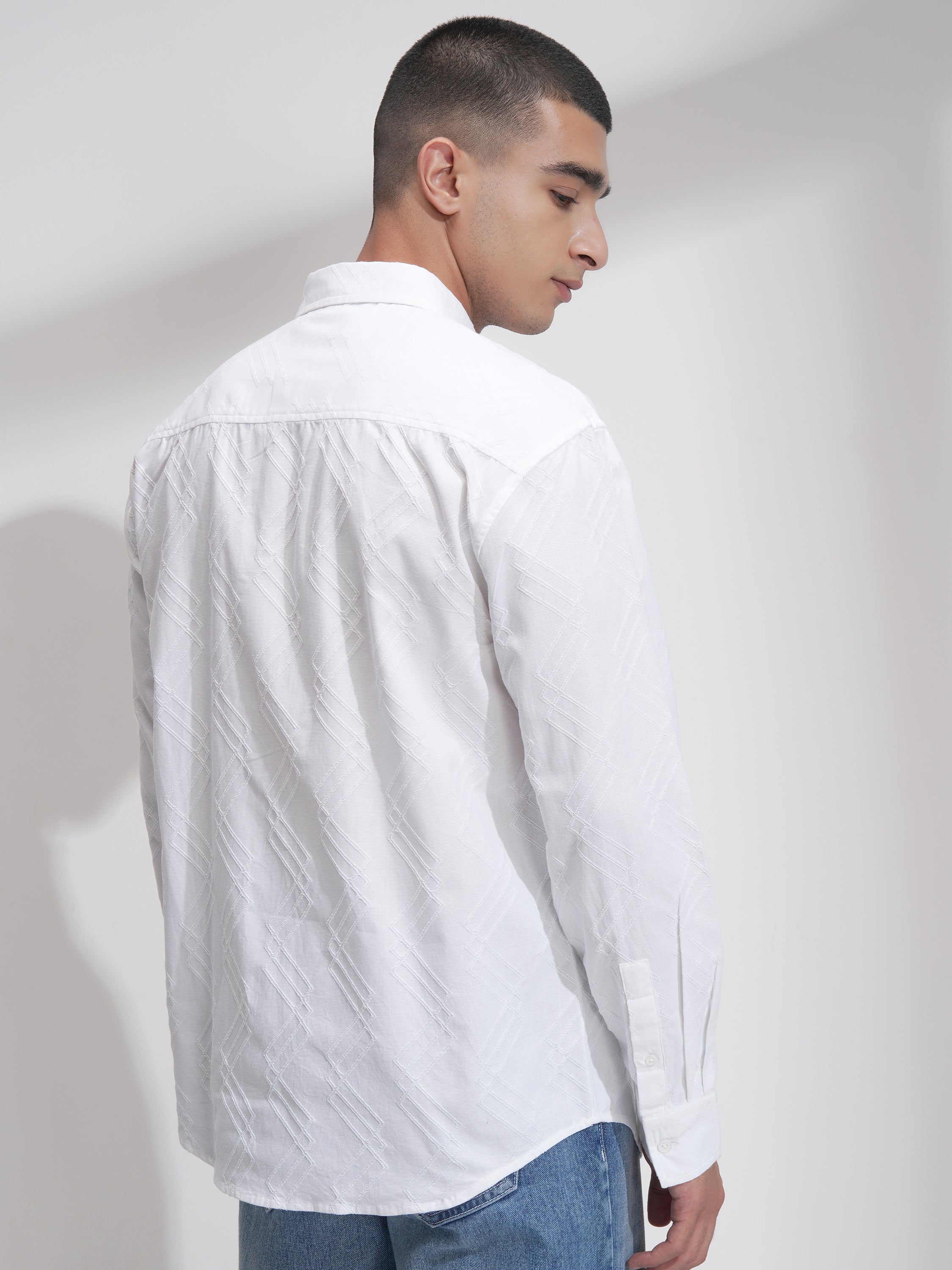 Highlander Men White Self Design Relaxed Fit Casual Shirt - White - Image 3