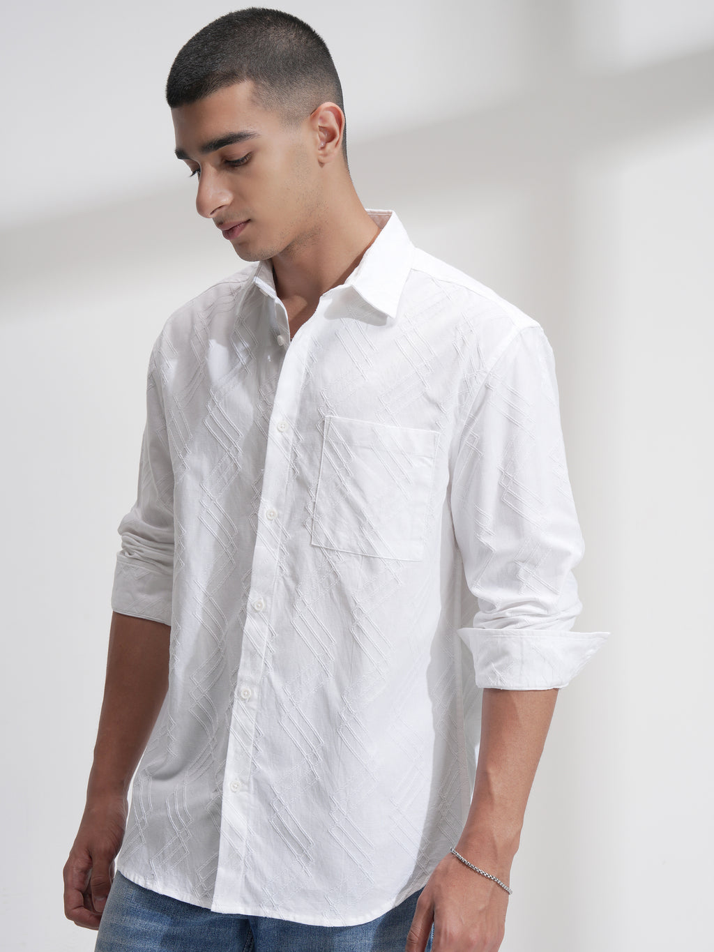 Highlander Men White Self Design Relaxed Fit Casual Shirt - White - Image 4