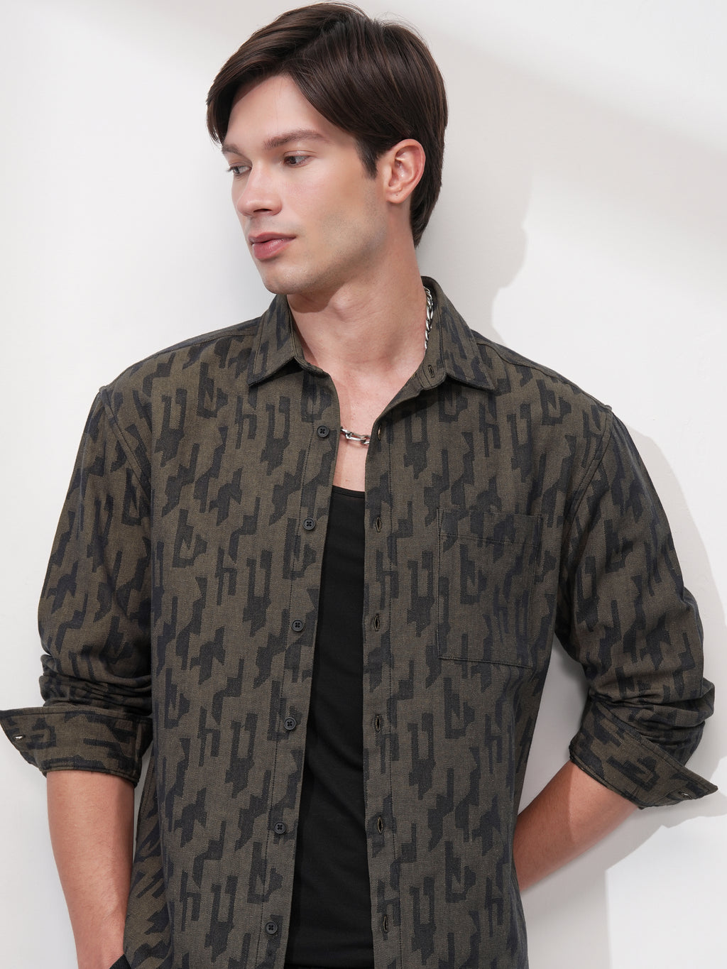 Highlander Men Olive Printed Relaxed Fit Casual Shirt - Olive - Image 1