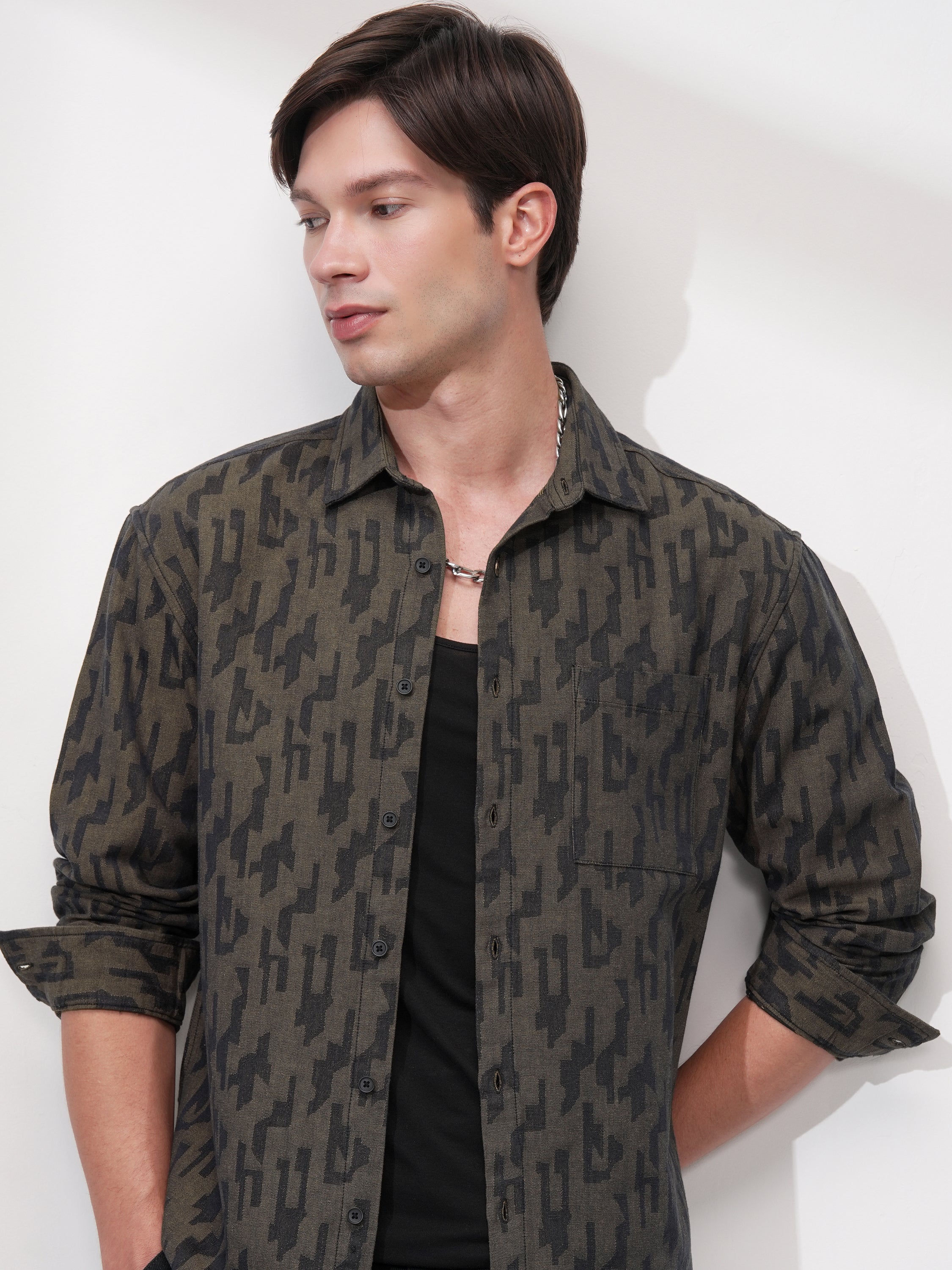 Highlander Men Olive Printed Relaxed Fit Casual Shirt - Olive - Image 1