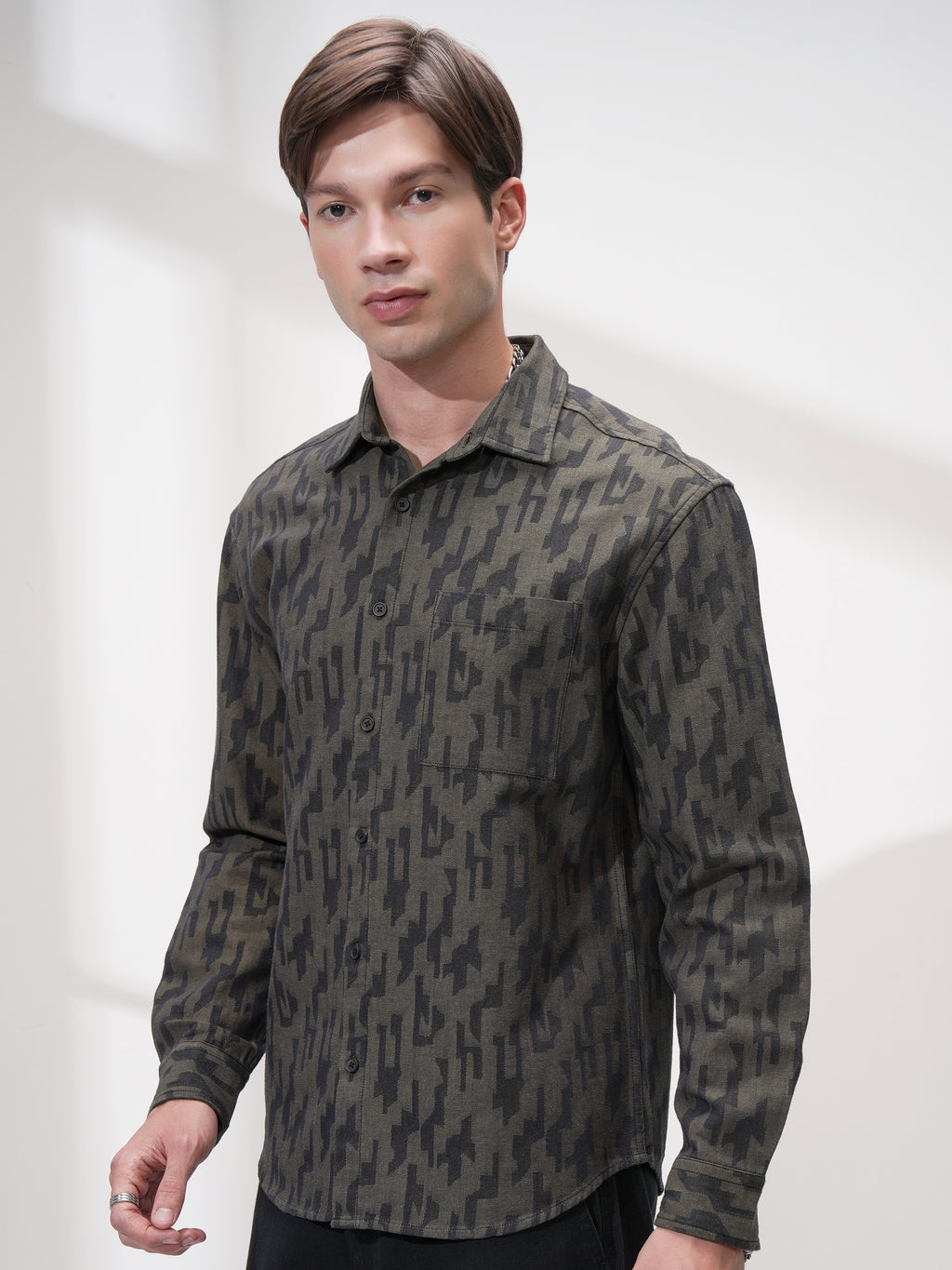 Highlander Men Olive Printed Relaxed Fit Casual Shirt - Olive - Image 4